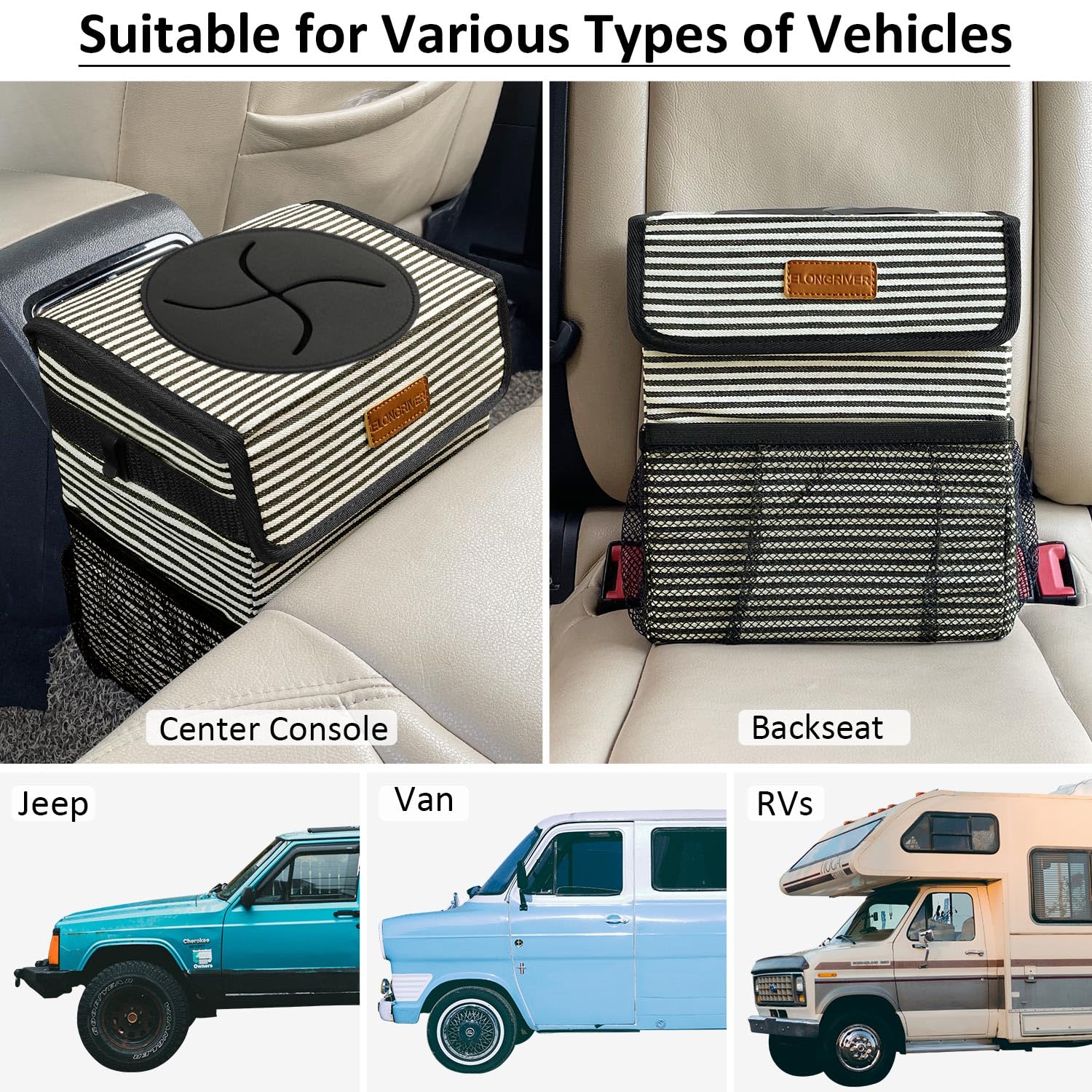 Elongriver Car Trash Can Bin For Car Back Seat Leak Proof, Cute Car Trash Bag Hanging, Vehicle Trash Can For Suv Truck Van, Automotive Car Garbage Cans Front Seat Stripe