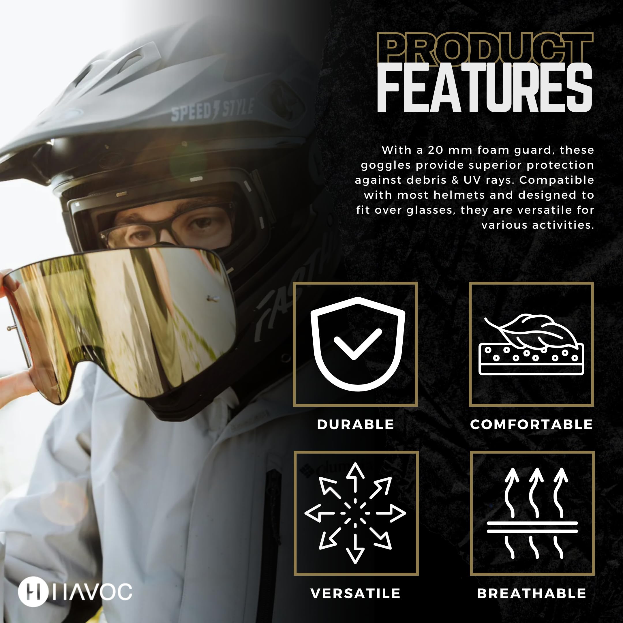 Havoc Racing Magnetic Frameless Goggles - For Motocross, Dirt Biking, Snowboarding, Atv, & Utv - Arctic Camo Goggles, Clear Lens