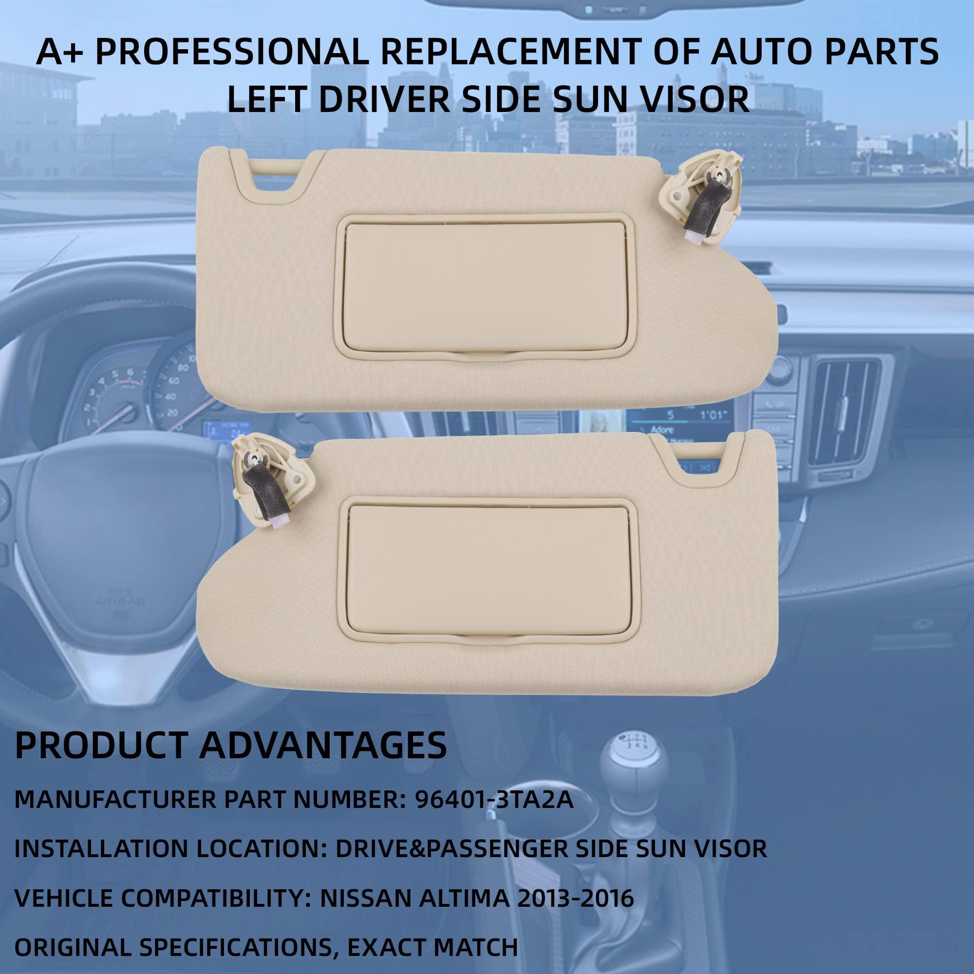 Dasbecan Beige Sun Visor Pair for Nissan Altima 2013-2018 with Mirror & Vanity Light - No Sunroof, Replaces #96401-3TA2A