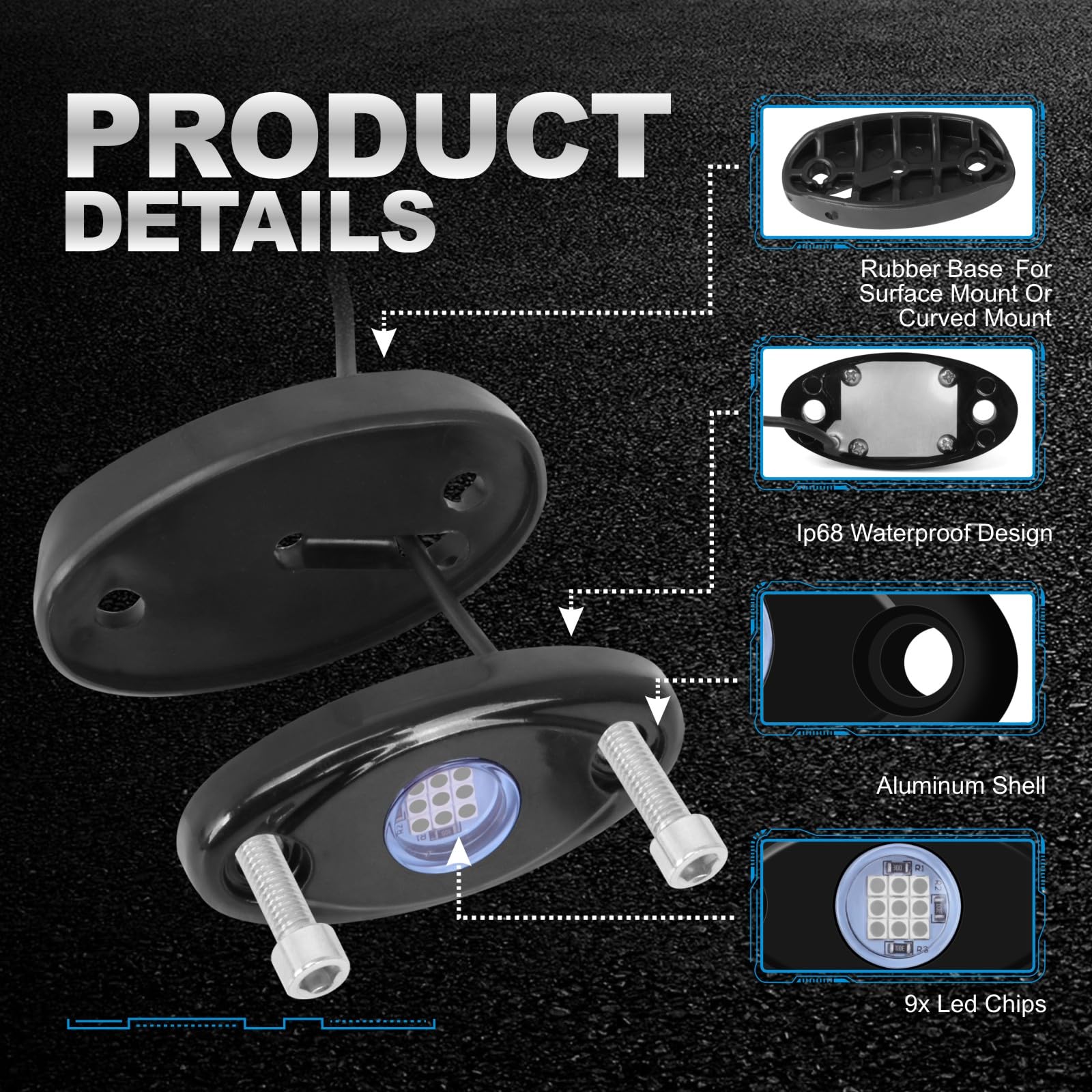 Ly8 Led Rock Lights 8 Pods Blue For Truck Atv Utv Suv Motorcycle Car Boat Shockproof Waterproof Underbody Glow Neon Trail Rig Fender Lighting