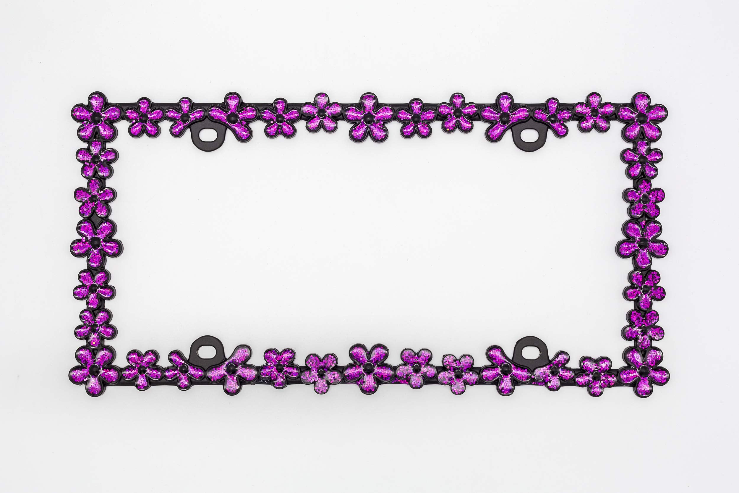 Creathome 3D Shining Daisy Wrenth License Plate Frame From Pure Zinc Alloy Metal Perfect Plate Holder,Matt Black With Purple Gli