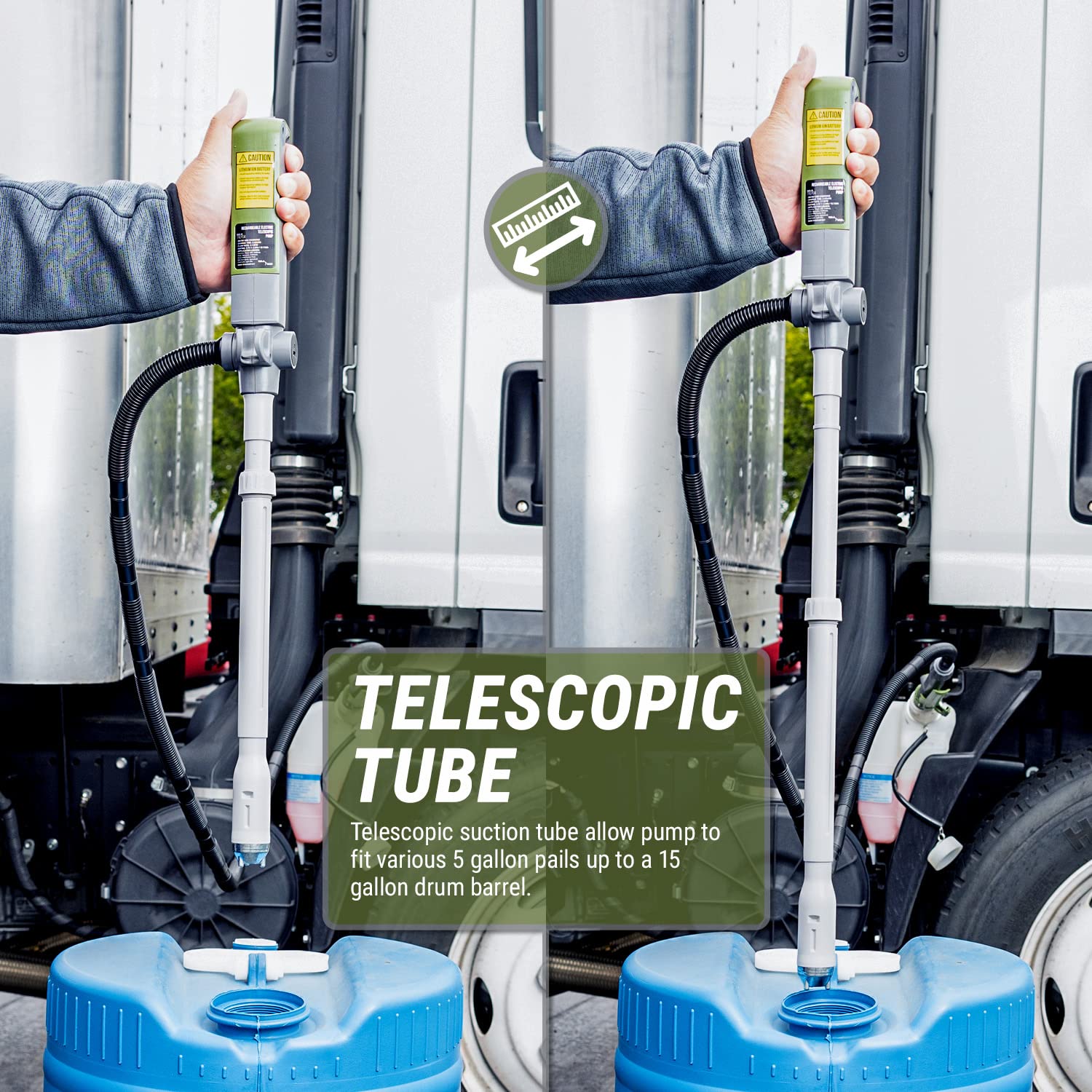 TERA PUMP Fuel Transfer Pump w/Quick Flow Control Nozzle & Telescopic Tube, Powerful Rechargeable Battery, 5 FT Discharge Hose,