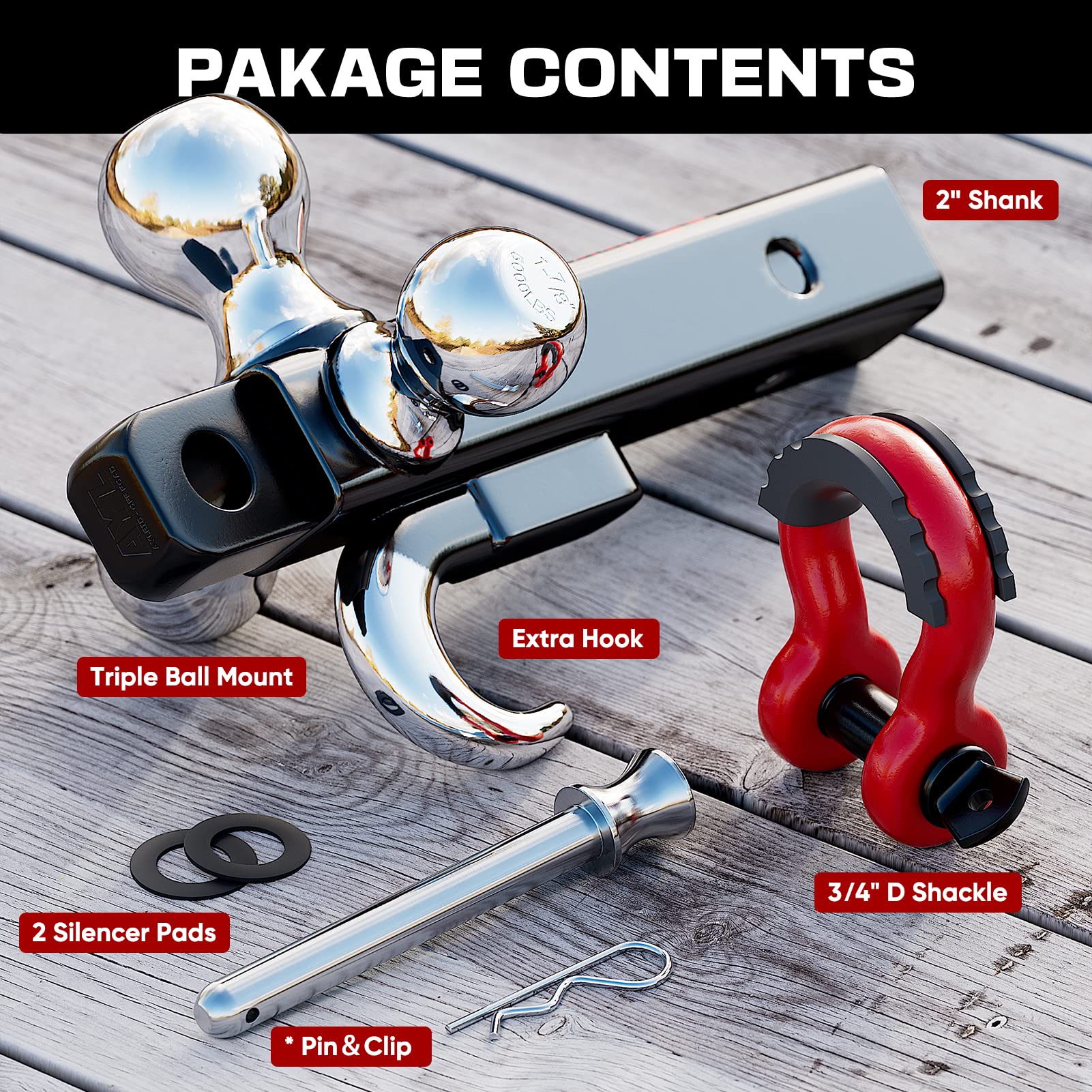 Ayleid Trailer Hitch Tri-Ball Mount With Hook&Pin&Rotatable Tow Shackle,Fits 2-In Receiver With 1-7/8-In,2-In,2-5/16-In Hitch Ball