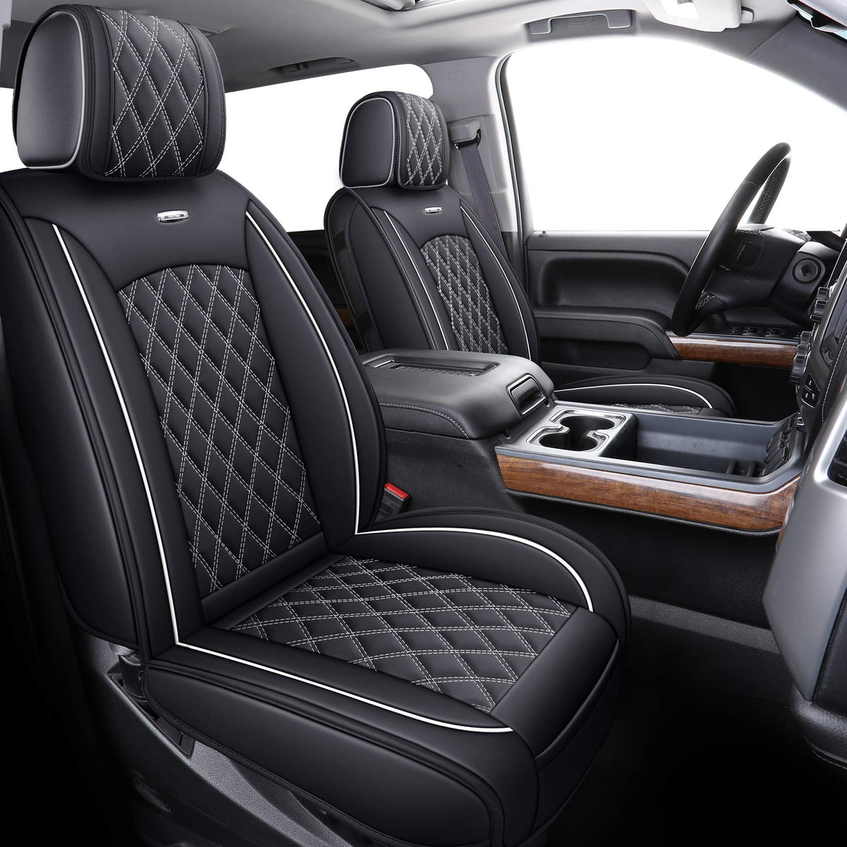 Aierxuan Seat Covers For Cars Pickup 2007-2024 Gmc Sierra Chevy Chevrolet Silverado 1500 2500Hd 3500Hd Trail Boss Z71 Crew Double Extended Cab Waterproof Leather (Full Set, Black-White)