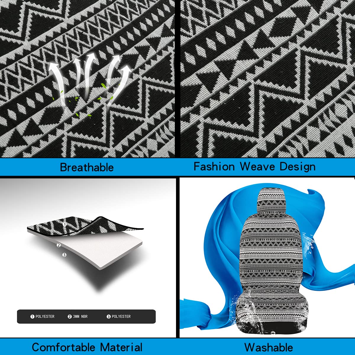 Ponyjoyup Baja Saddle Blanket Car Seat Covers 9Pcs Full Set, Breathable And Washable Striped Woven Automotive Vehicle Seat Cover