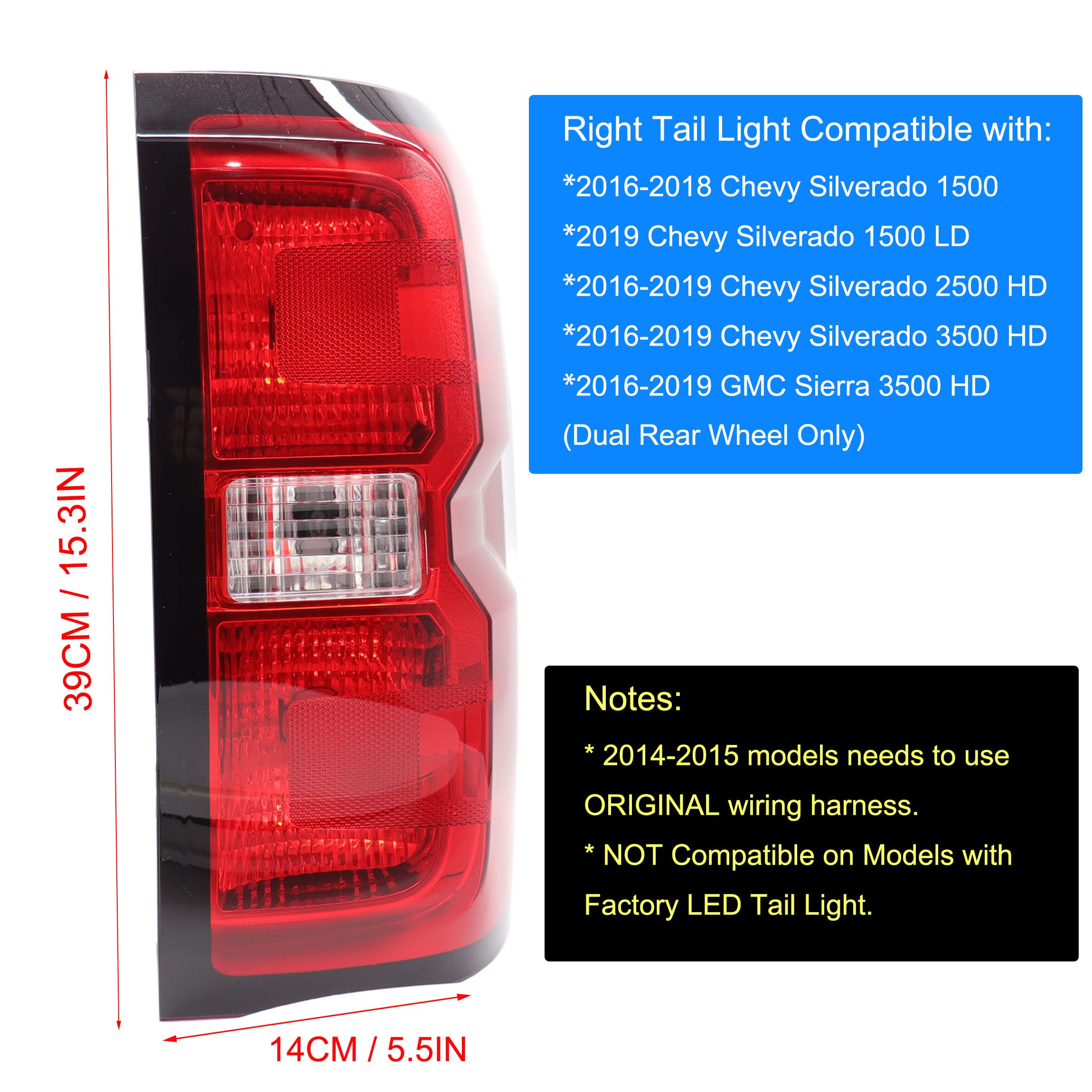 Mocw Factory Style Tail Light Compatible With 2016-2018 Chevrolet Silverado 1500 2500 Hd 3500Hd, Gmc Sierra 3500 Hd Taillight Br