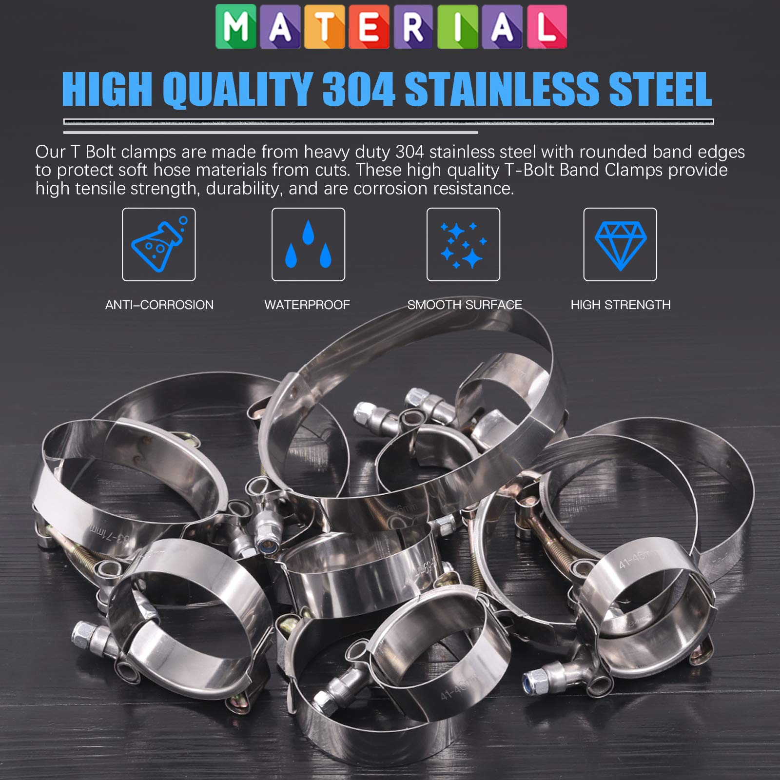 Glarks 12Pcs 6 Sizes 32-116Mm Stainless Steel T-Bolt Hose Clamps Turbo Intake Soft Hose Intercooler Clamps Assortment Set