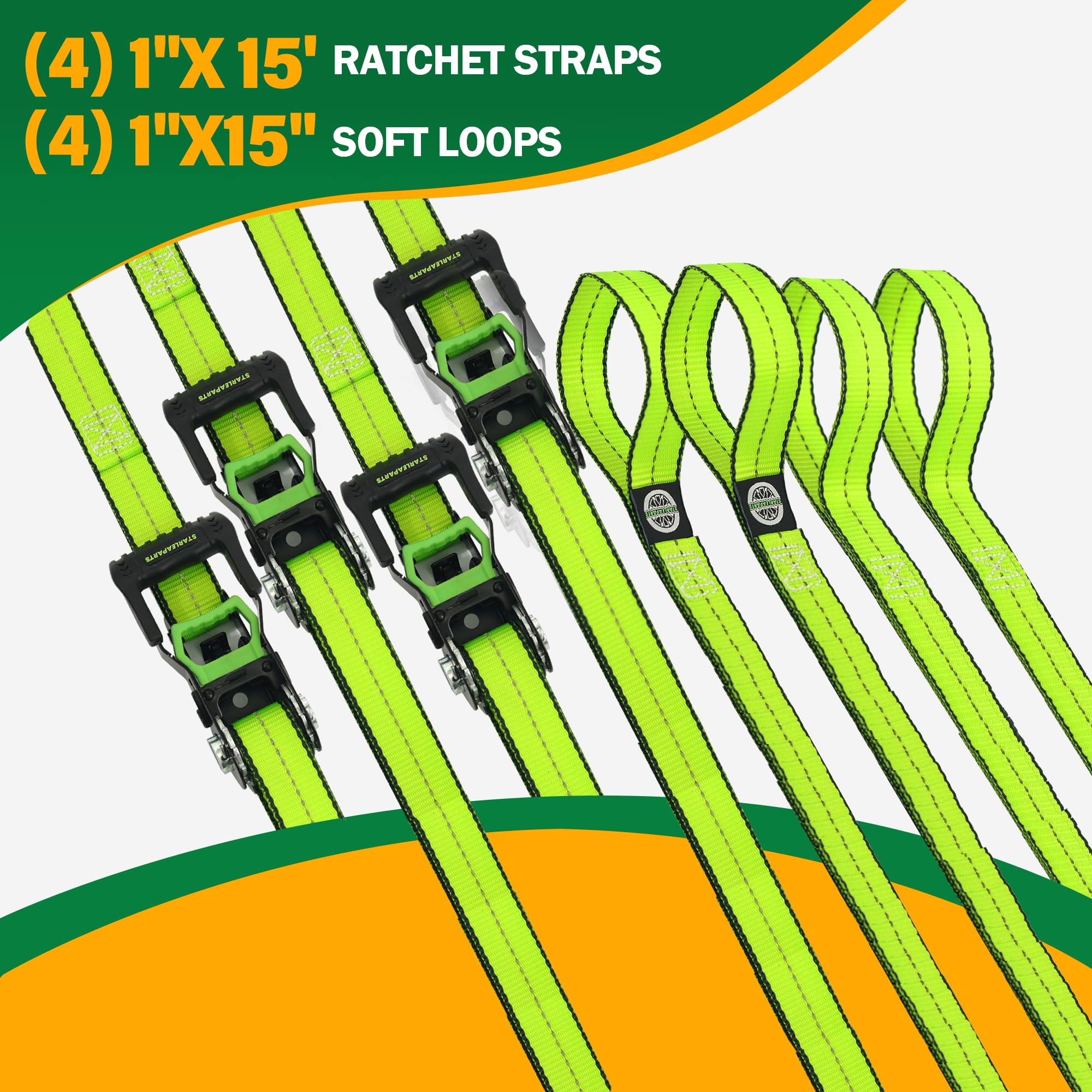 Motorcycle Tie Down Strap (4Pk) - 2,100Lb Break Strength Premium 15Ft Ratchet Tie Down Straps Set, Soft Loop Ratchet Straps For Moving Appliances, Lawn Equipment, Cargo Straps For Trucks