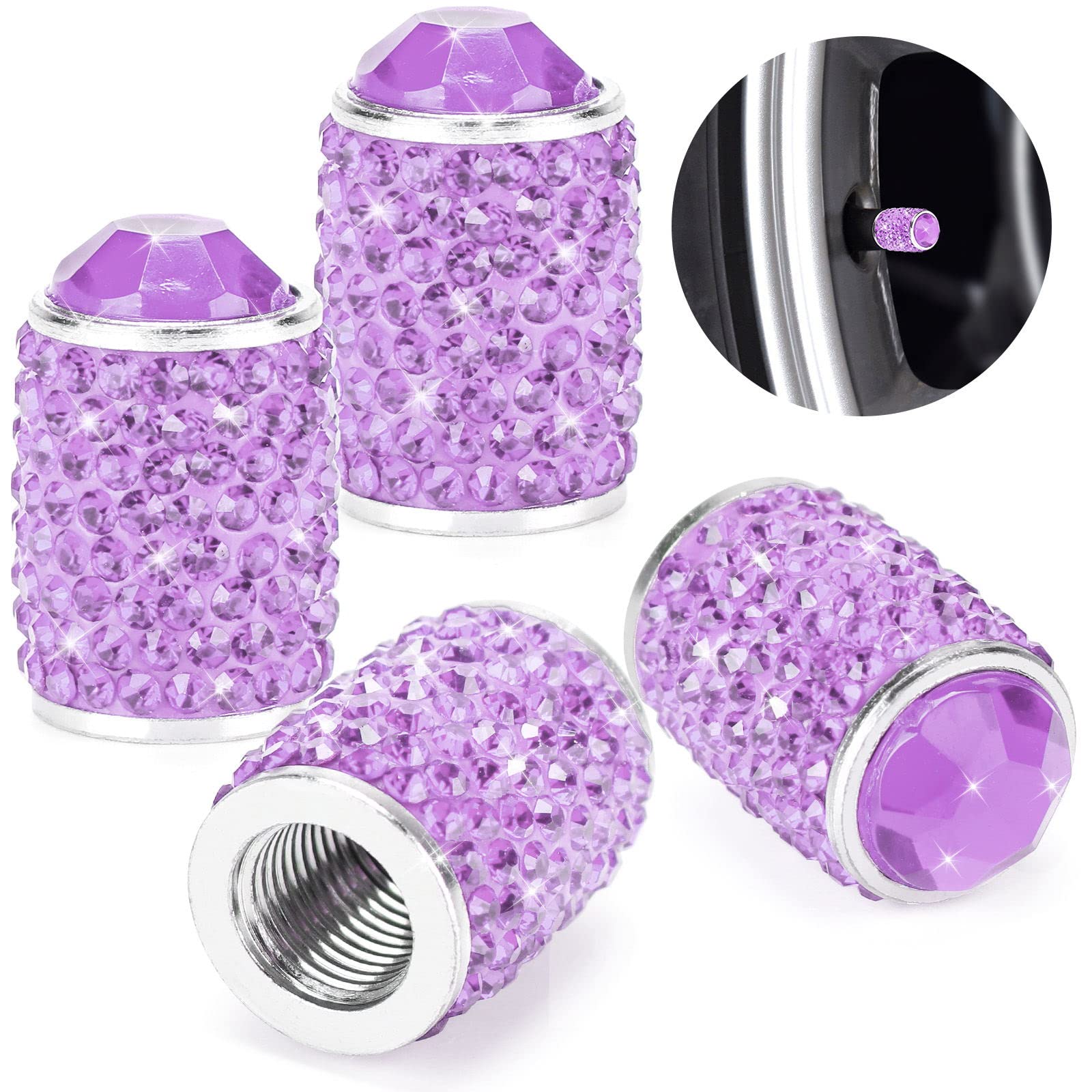 ToBeQueen Bling Purple Tire Valve Caps, 4 Pack Handmade Crystal Rhinestone Valve Stem Covers, Universal Dustproof Car Accessorie