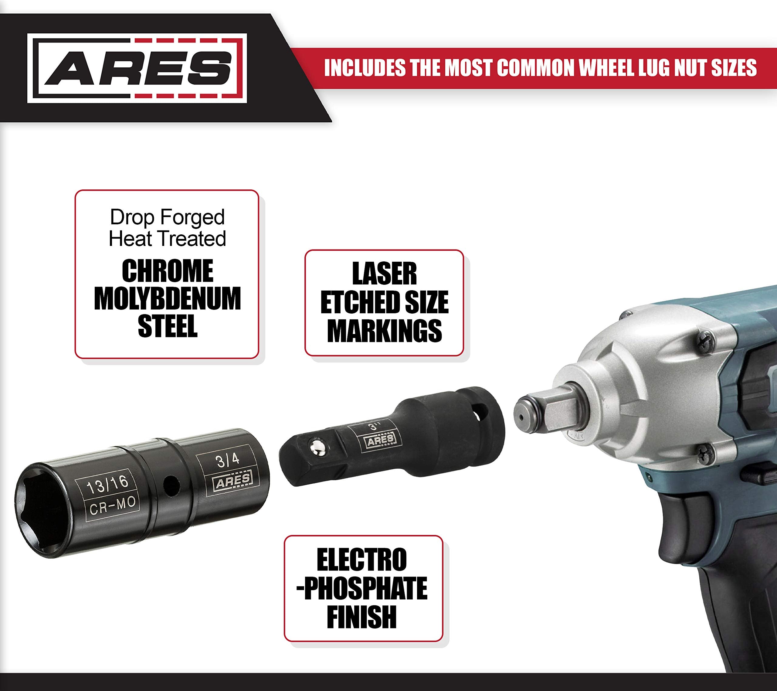 Ares 59010-5-Piece 1/2-Inch Drive Lug Nut Flip Socket Set - Includes 17Mm, 19Mm, 21Mm, 22Mm Metric Sizes & 3/4-Inch, 13/16-Inch,