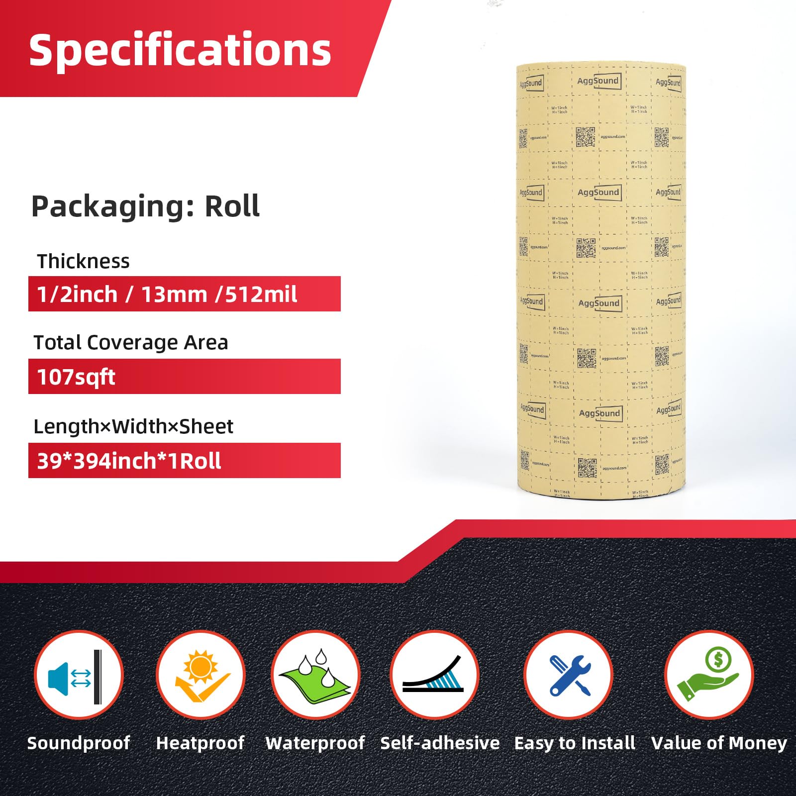 Aggsound 1/2Inch(12.7Mm) 107Sqft Thickened Sound Deadener For Multiple Use,High Density Foam With Adhesive,For Car, Boat, Rv Shi