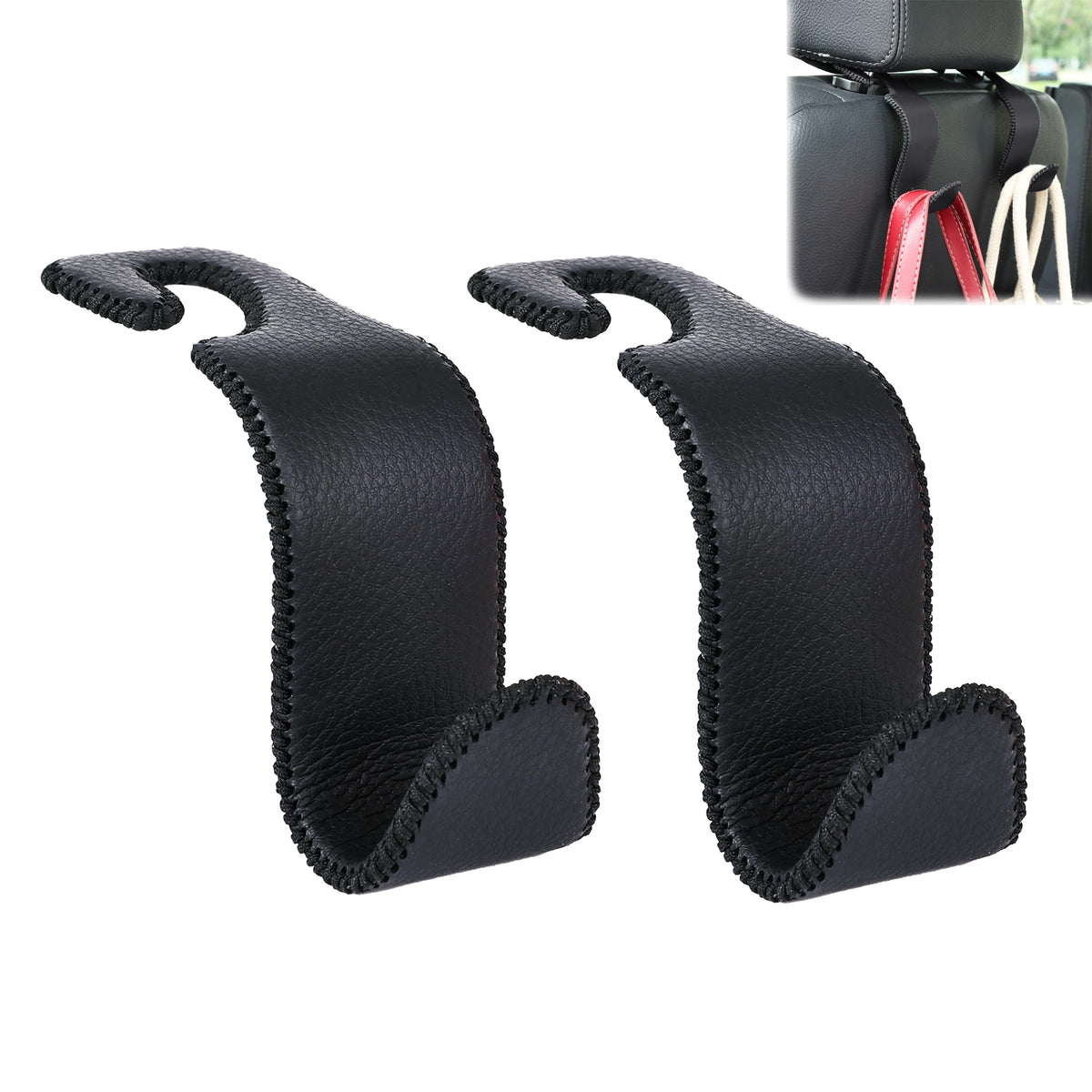 Amooca Car Seat Headrest Hook Universal Vehicle Storage Hanger Leather With Metal Car Seat Back Organizer For Handbag Purse Coat Black 2 Pack