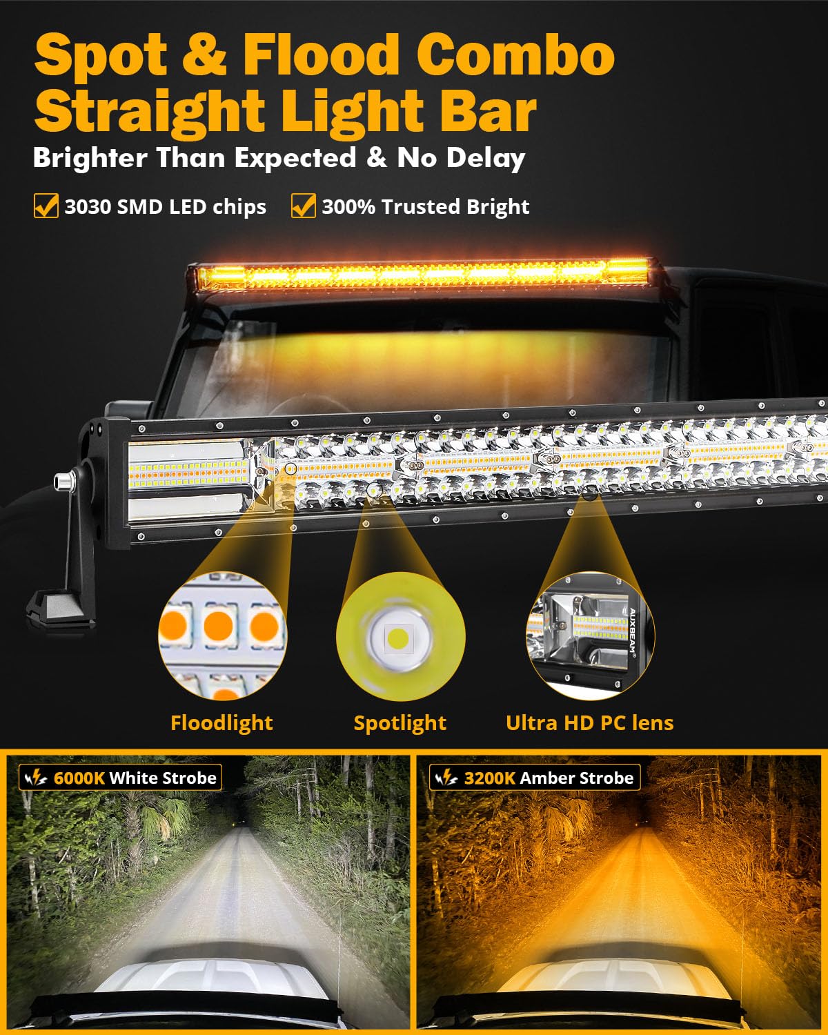 Auxbeam 42Inch 240W Led Straight Light Bar, 6 Modes Off Road Amber White Strobe Light, Dual Color Spot Flood Combo Beam Flashing