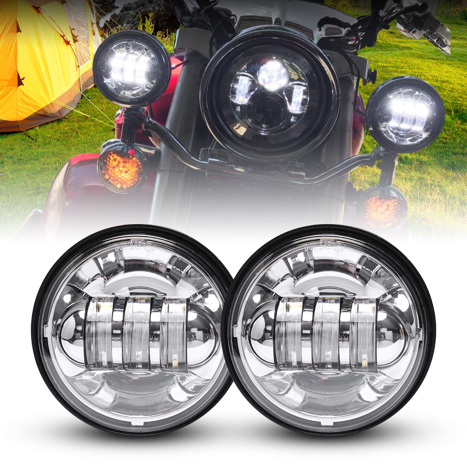 LX-LIGHT Dot approved 2 PCS Chrome 4.5 Inch LED Passing Light LED Fog Lamps for Motorcycles Auxiliary Light Bulb Motorcycle Proj