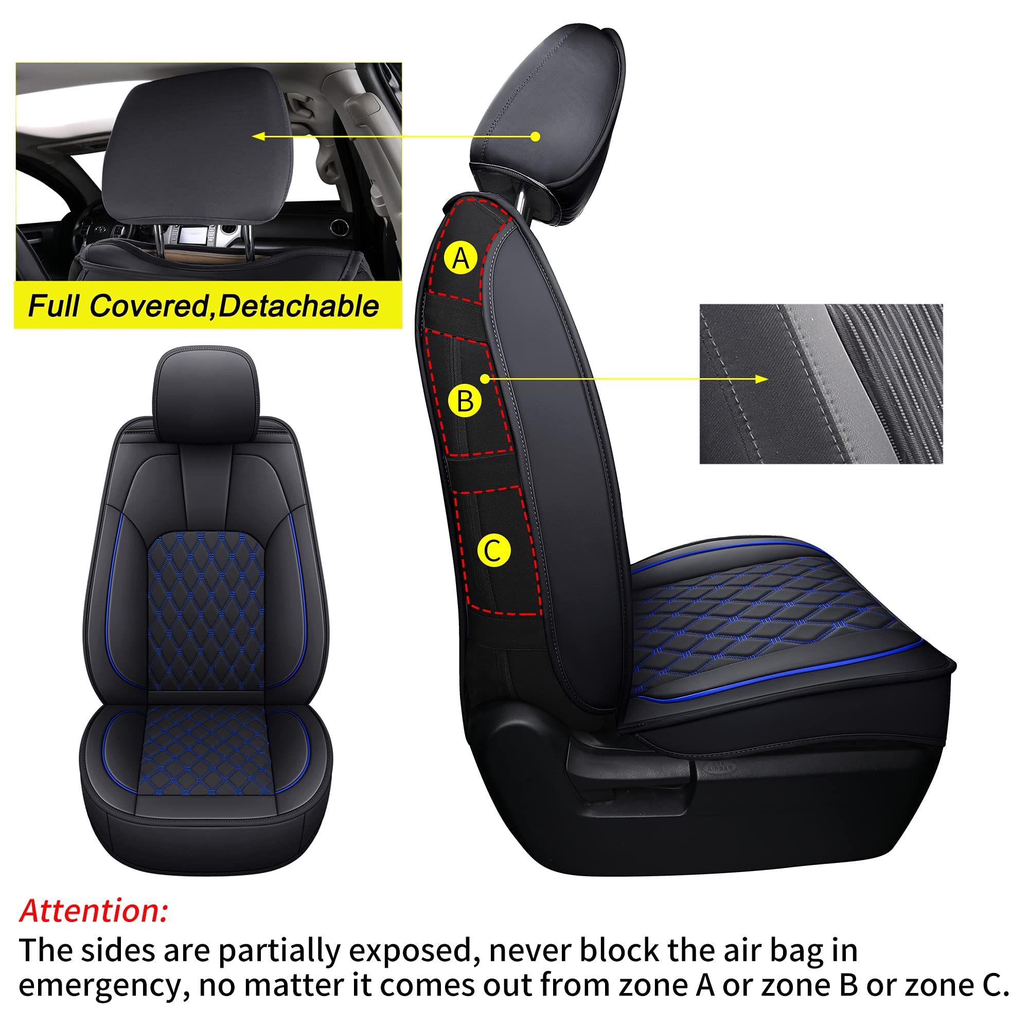 Luckyman Club 2007-2021 Tundra Pickup Trucks Car Seat Covers X05-T3 Full Set, Fit Sr5 Sr Platinum Trd Pro Trims Crew/Crewmax/Extended/Double Cab With Water Proof Faux Leather (Black&Blue Full Set)