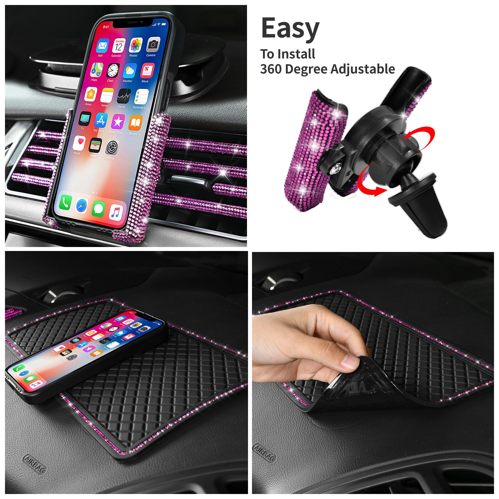 CAR PASS 30 PCS Bling Pink Car Set for Women, Bling Steering Wheel Covers Set 15 Inch, Shining Rhinestone License Plate Frame, S