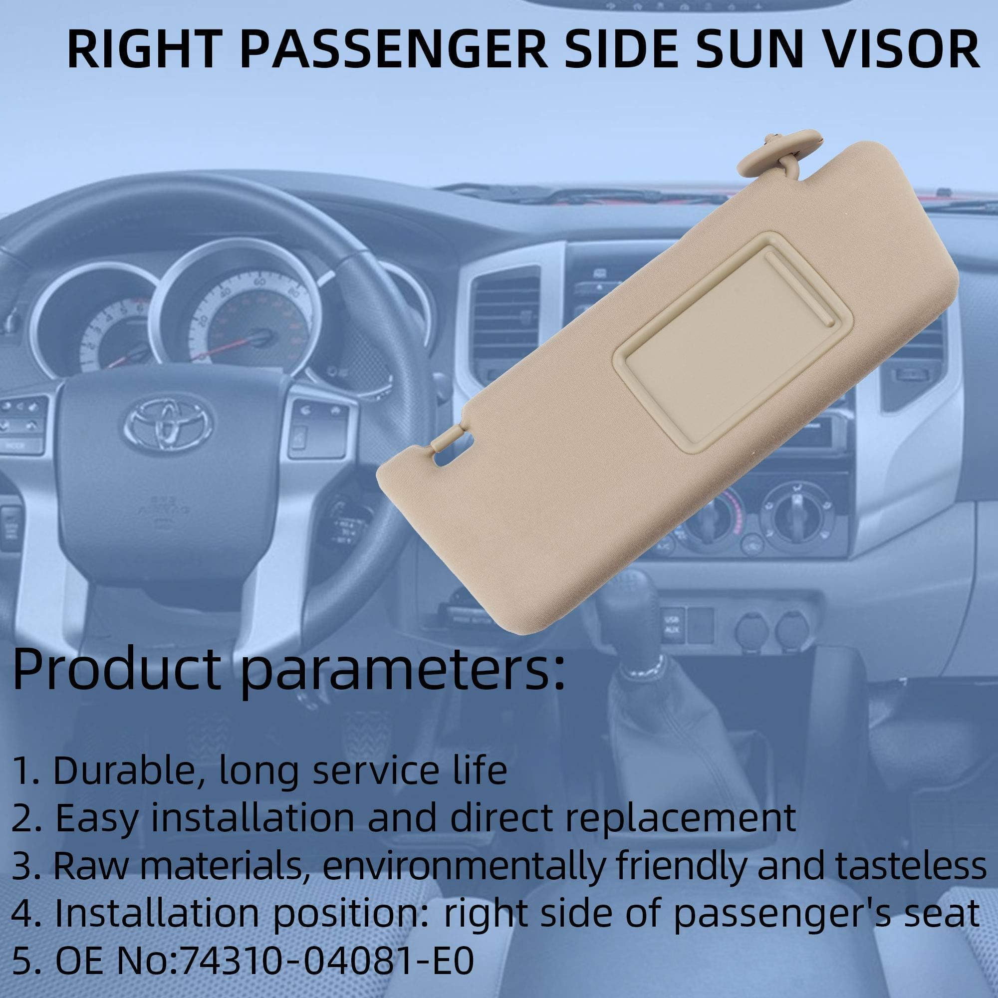 Dasbecan Right Passenger Side Sun Visor Compatible With Toyota Tacoma 2005-2012 2013 2014 2015 Visor Assembly Without Light 7431