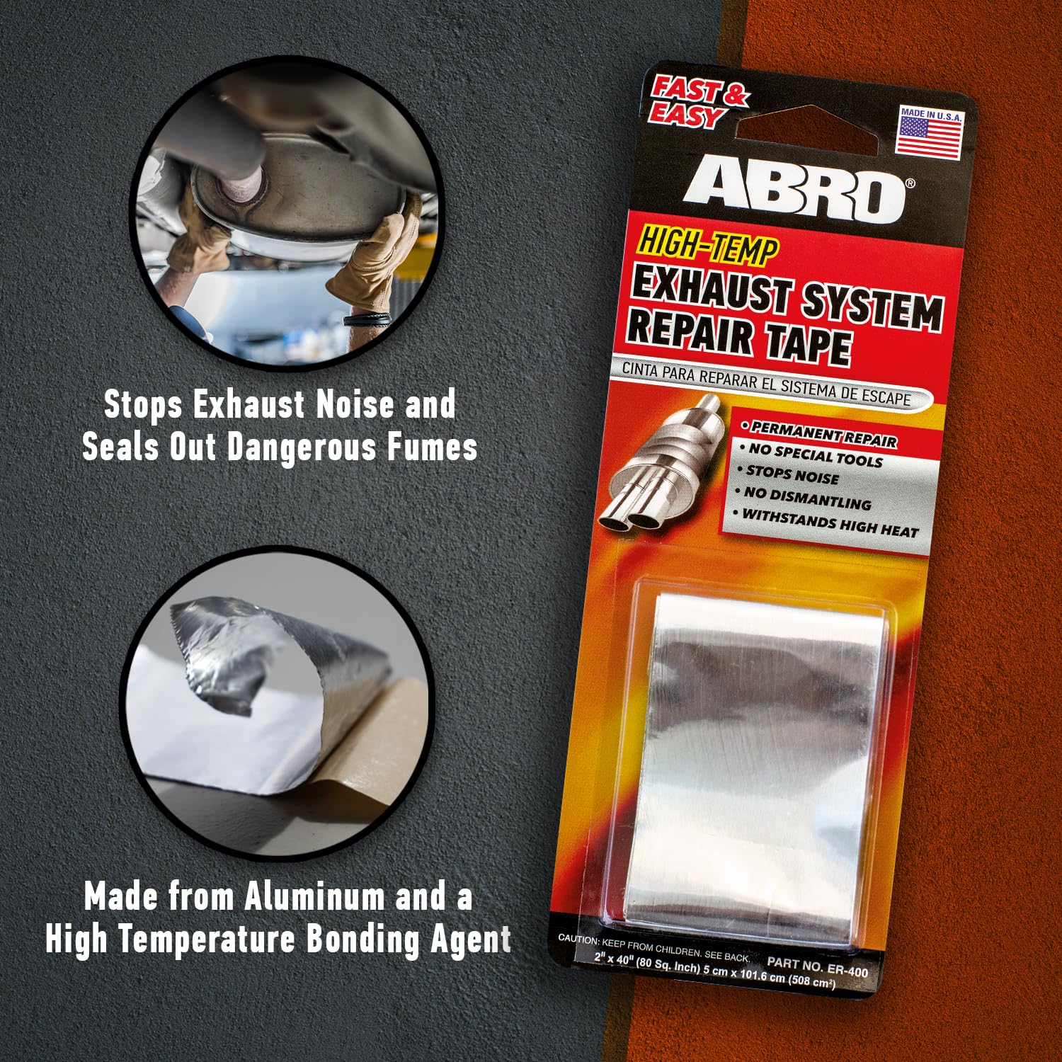 ABRO Exhaust Tape: Muffler Repair Kit, High Temp Aluminum Bonding Agent Exhaust Leak Tape, Fast, Economical, Permanent Solution