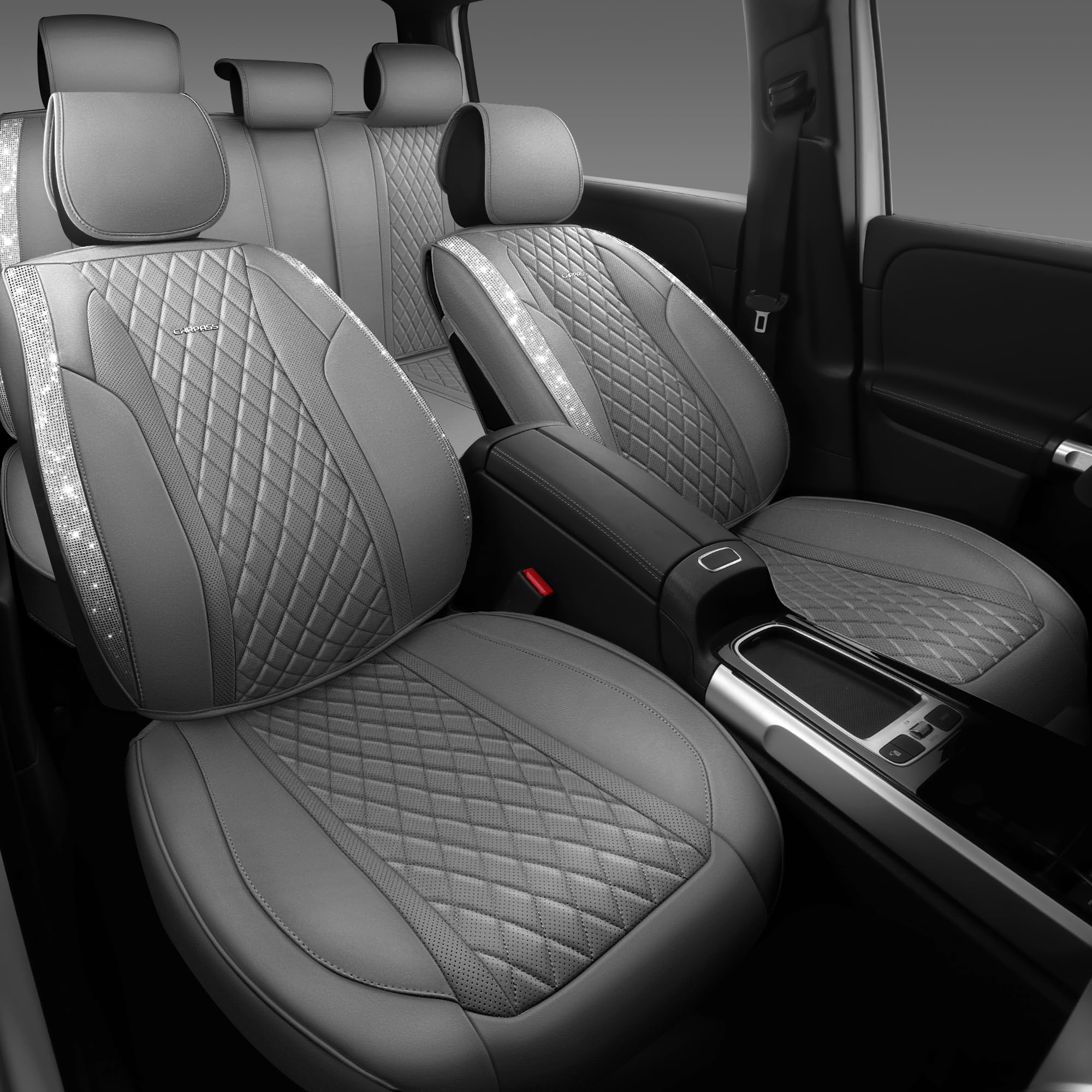 Car Pass Gray Leather Bling Car Seat Covers Full Set, Luxury Microfiber Nappa Pu Cushioned, Waterproof Anti-Slip Universal Fit F