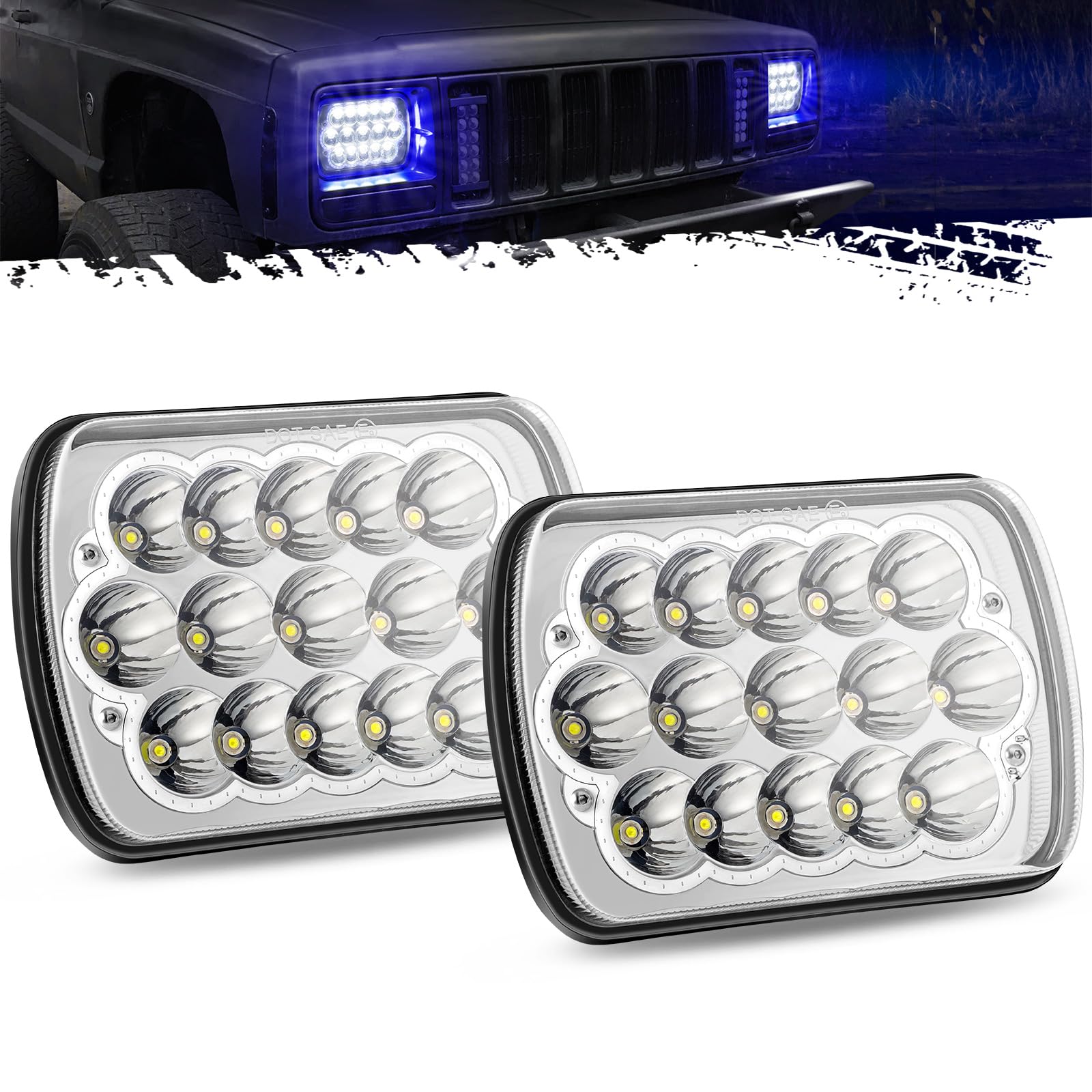 Partsam 2Pcs H6054 Led Headlights 7X6 5X7 Headlamp Anti-Glare Hi/Low Sealed Beam With Blue Drl Lights Compatible With Cherokee X