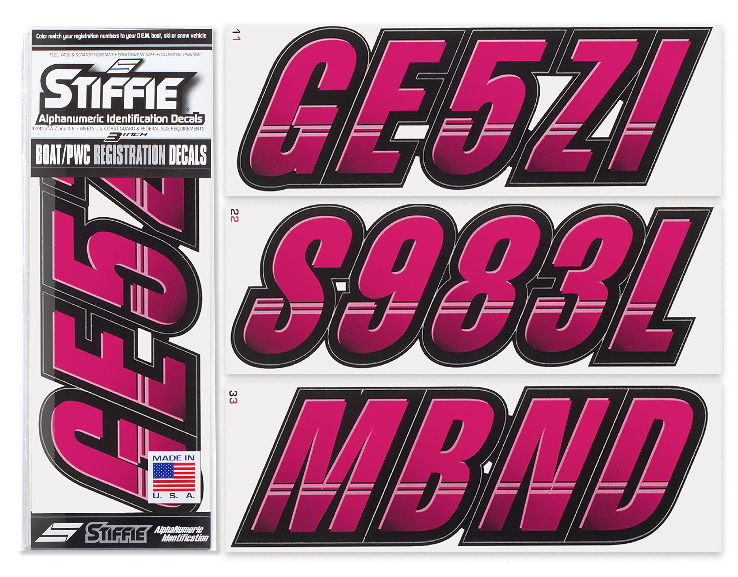 Stiffie Techtron Berry/Black 3 '' Boat & Pwc Registration Decals  Numbers Letters Stickers