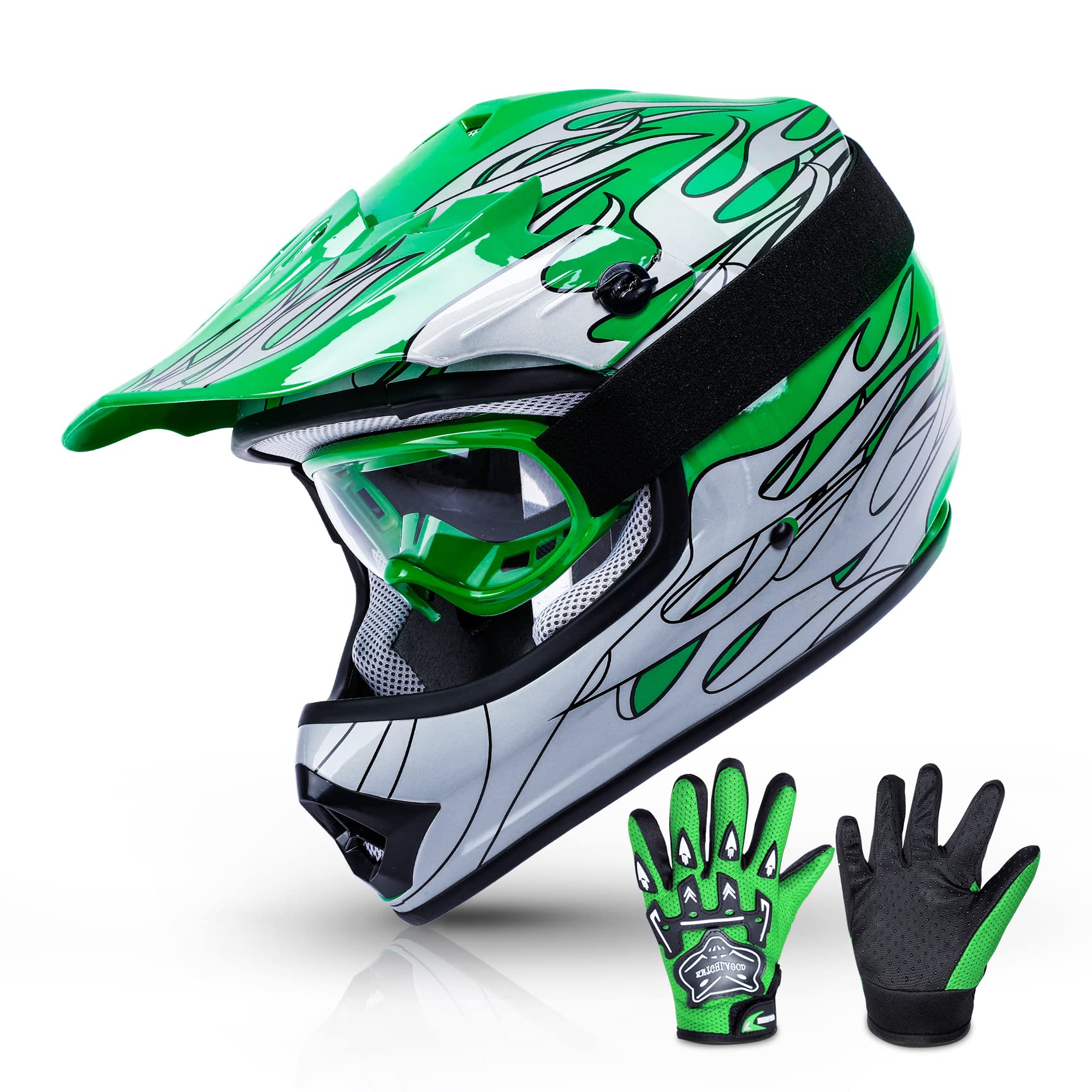 Tcmt Dot Youth & Kids Motocross Offroad Street Helmet Green Flame Motorcycle Youth Helmet Dirt Bike Motocross Atv Helmet+Goggles