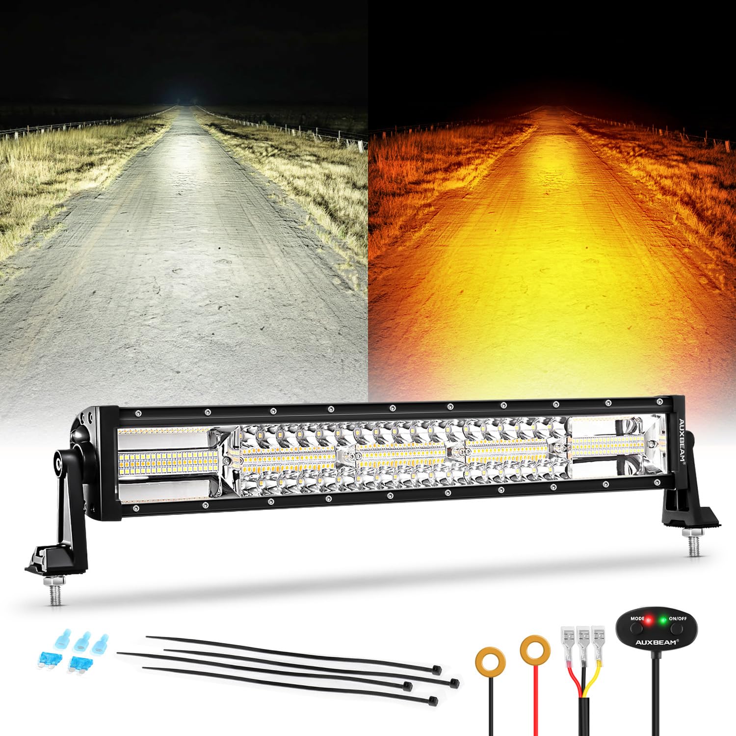 Auxbeam 6 Modes Amber White Series 22Inch 120W Led Light Bar Dual Color Strobe Light Spot Flood Combo Flashing Warning Signal Of