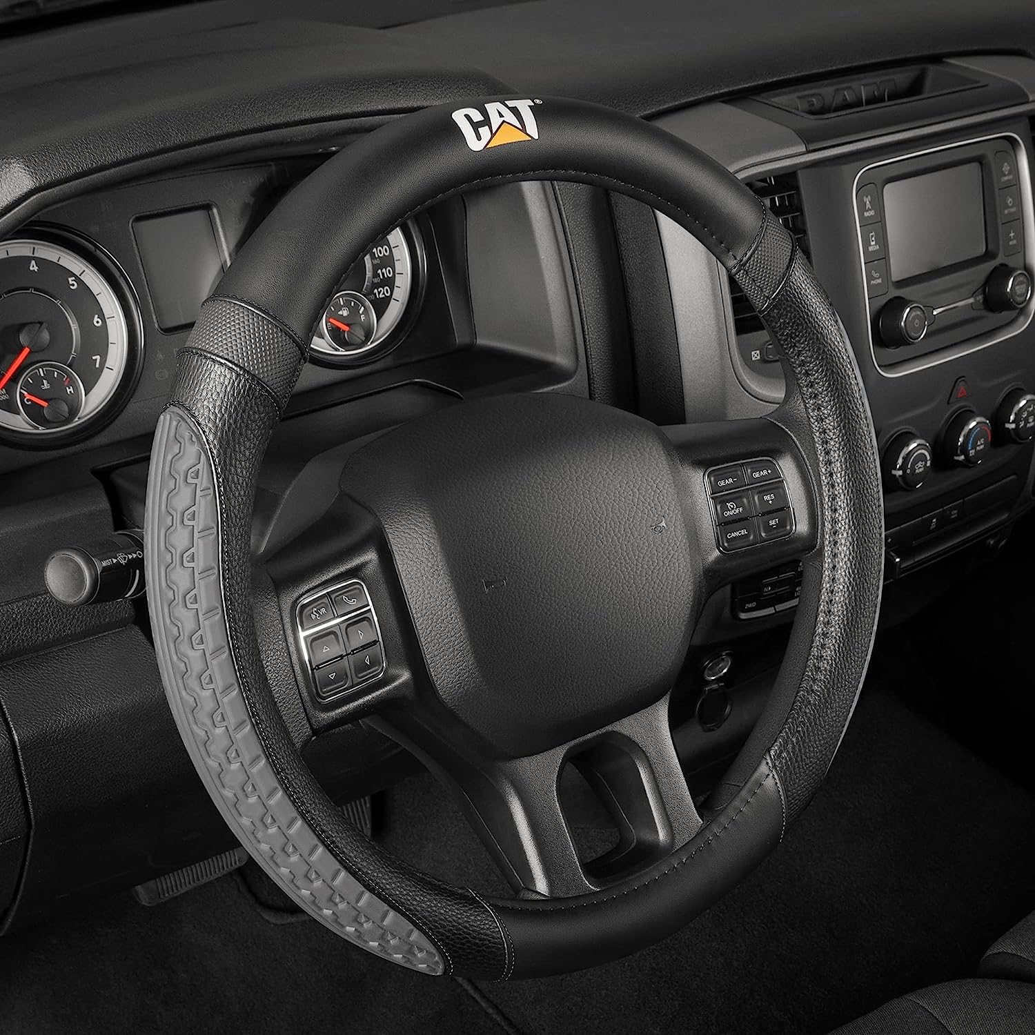 CAT DuraGrip Car Steering Wheel Cover, Gray Tire Tread Traction Design, Auto Steering Wheel Cover for Cars Trucks Vans SUVs, Imp