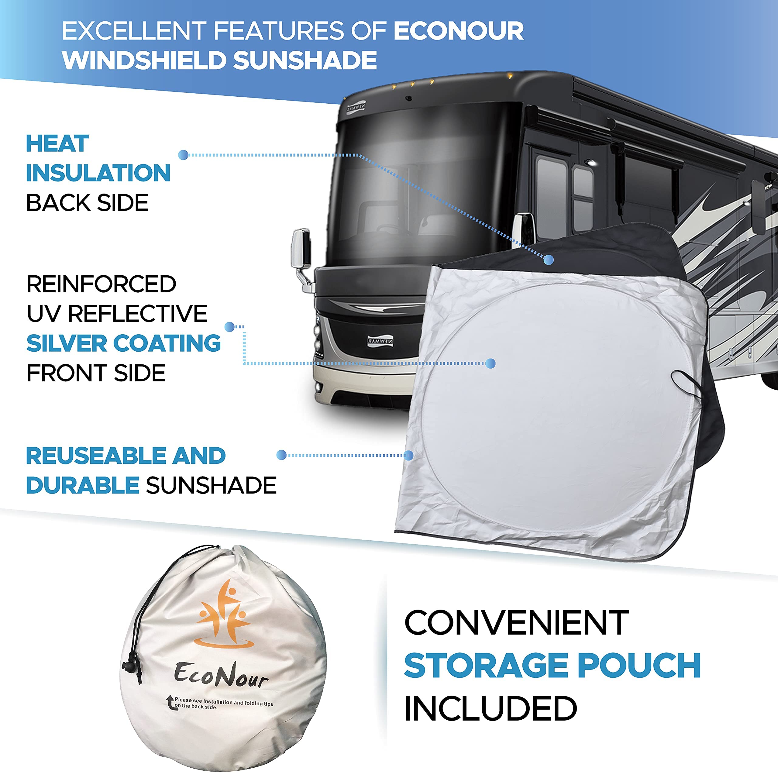EcoNour RV Windshield Sunshade - Reflective UV & Heat Protection Cover, XXXL 102x51 inches, Grey Polyester for RVs, Trucks, Buses