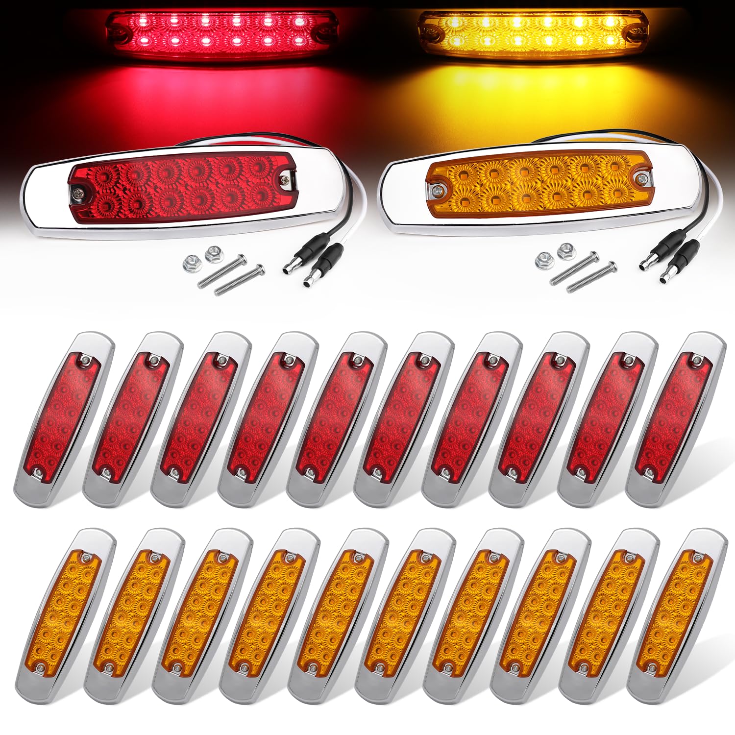 Ledvillage 20 Pack (10 Amber + 10 Red) 12V LED Side Marker Lights with 2-Wire Plug (DC) 12LED Clearance Fender Lamps Waterproof 