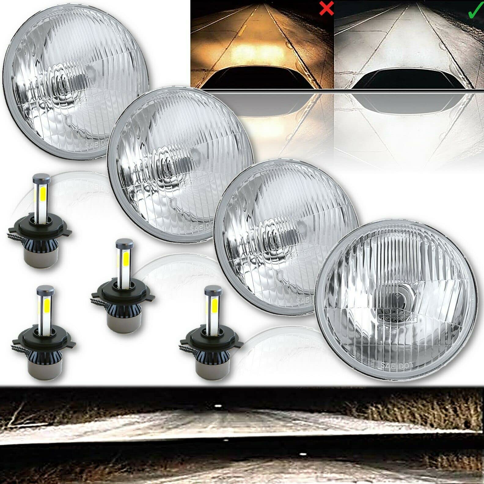 Octane Lighting 5-3/4 Stock OEM Retro Style Glass Metal Headlight LED 4000Lm H4 Light Bulb Headlamp Set (G5 LED Bulbs, 5.75)