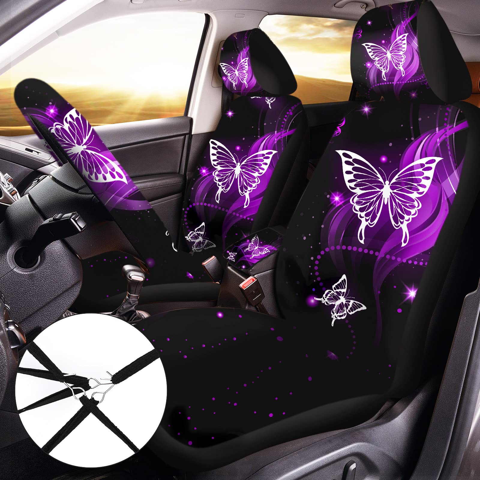 15 Pcs Butterfly Car Seat Covers Full Set Butterfly Front Rear Seat Covers Steering Wheel Cover Wrist Strap Coasters Armrest Sho