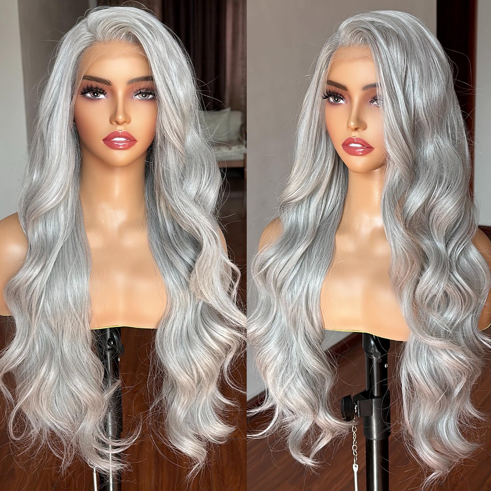LuxeMelan Silver Grey Lace Front Wigs for Women 13x4 Long Layered Loose Wavy HD Lace Frontal Tiny Knots M Natural Hairline Pre Plucked 26 Inch Synthetic Wig for Fashion Girls-New