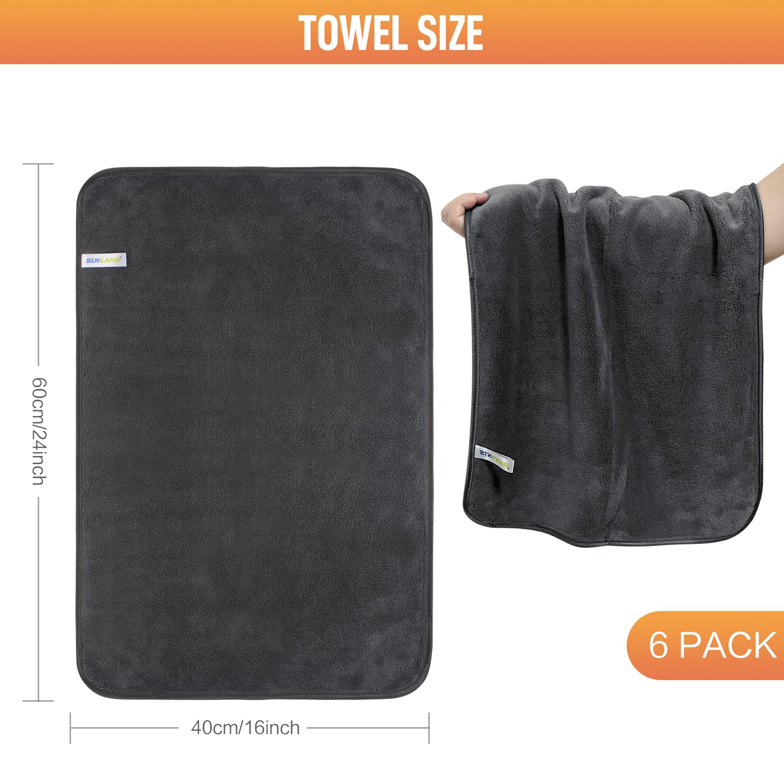 Sinland Premium Microfiber Car Drying Towels Ultra Absorbent Plush Microfiber Cleaning Cloths For Cars Auto Detailing Towels Without Scratching 16Inch X 24Inch 6 Pack Grey