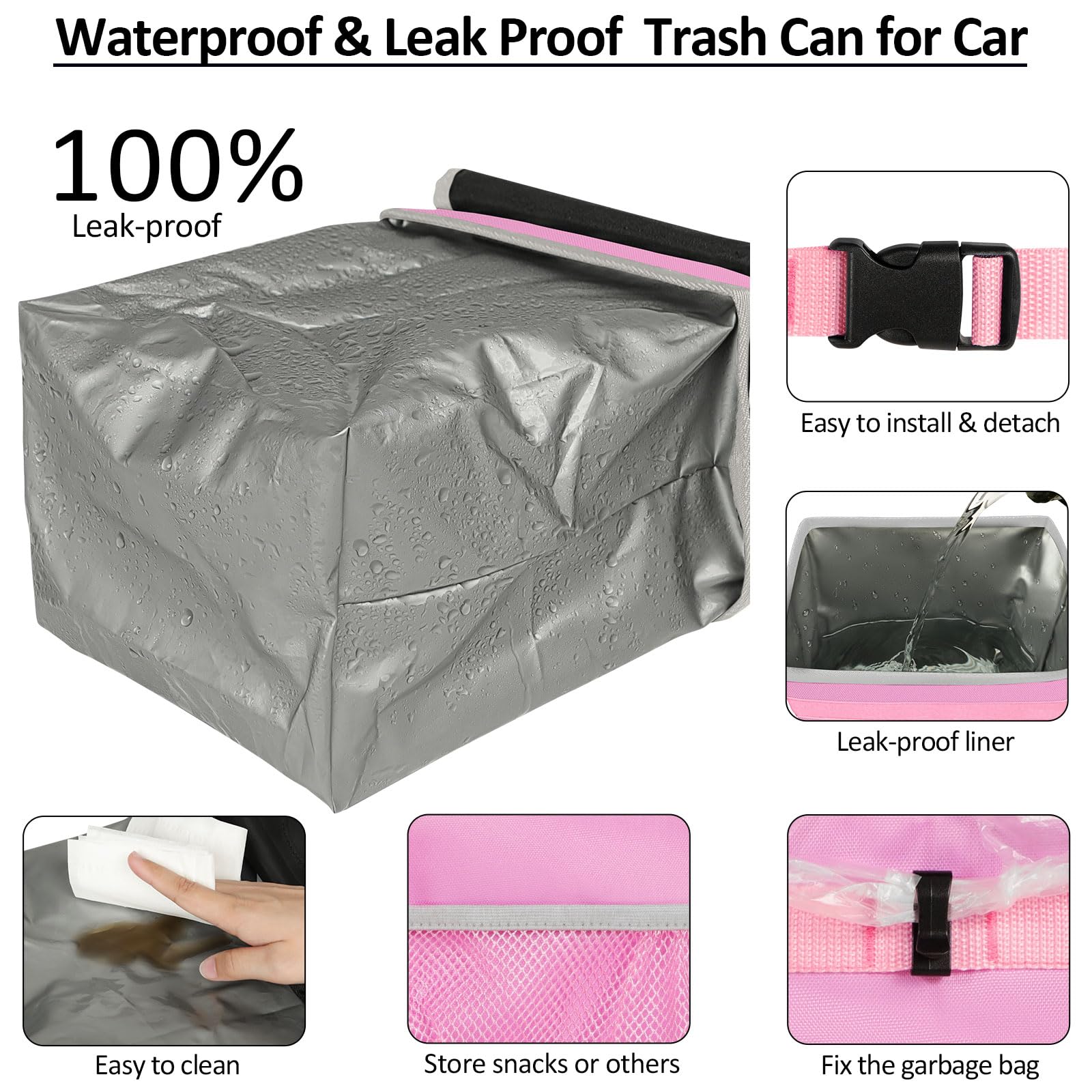 Elongriver Car Trash Can For Suvs, Trucks, Vans - Pink, 2 Gallons Capacity, Leak-Proof Liner, Utility Clasps, Cute Design