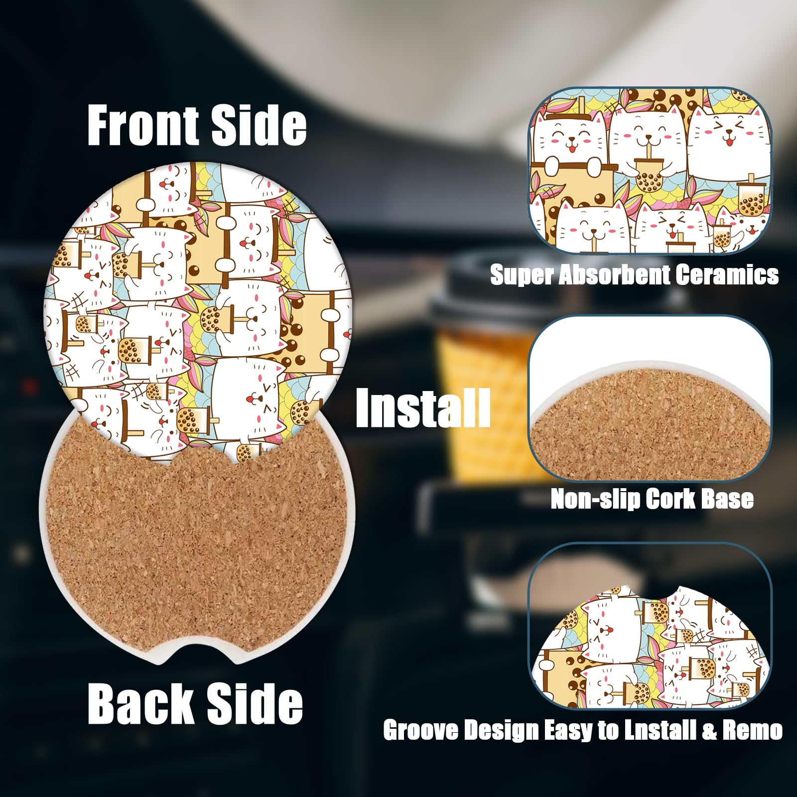 Car Cup Holders Coasters - Cute Cat Absorbent Ceramic Coaster, Cat Lover Drink Cup Holder Coasters, Auto Interior Accessories fo