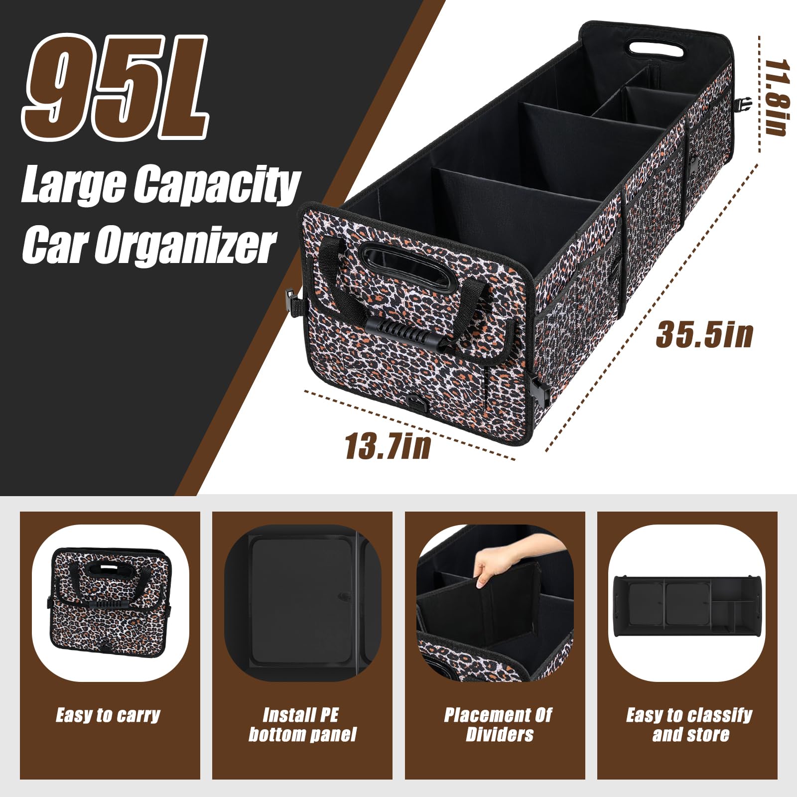 Leopard Print Trunk Organizer - 95L Large Capacity, Non-Slip Bottom, Waterproof, Portable Car Storage For Suv, Truck, Sedan