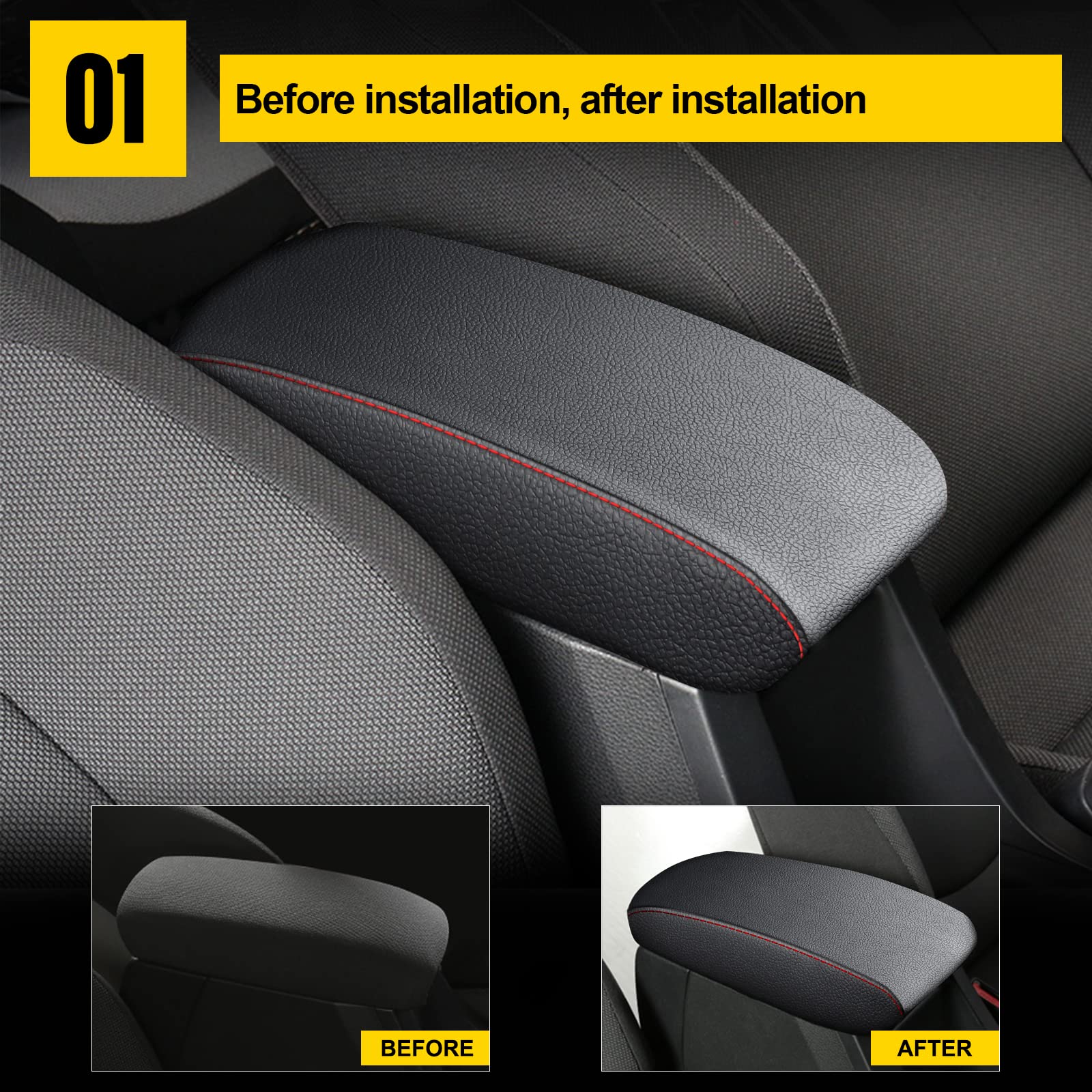 Aomsazto Black Armrest For Corolla 2014-2019 Toyota Console Covers For Corolla Red Stiches