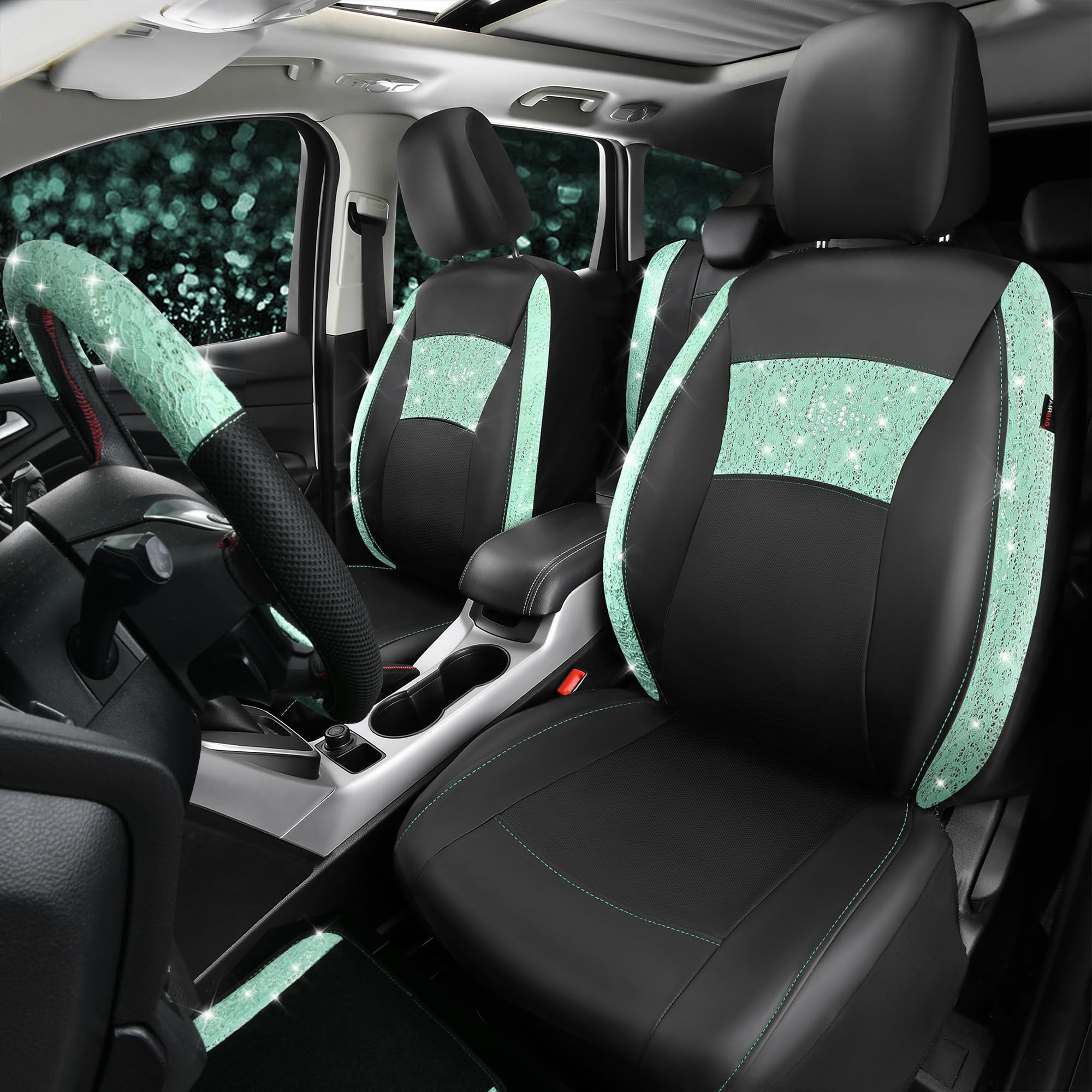 Car Pass Universal Mint Leather Lace Car Seat Covers Full Set For Women Girls, Waterproof Car Floor Mats Carpet, Glitter Steerin