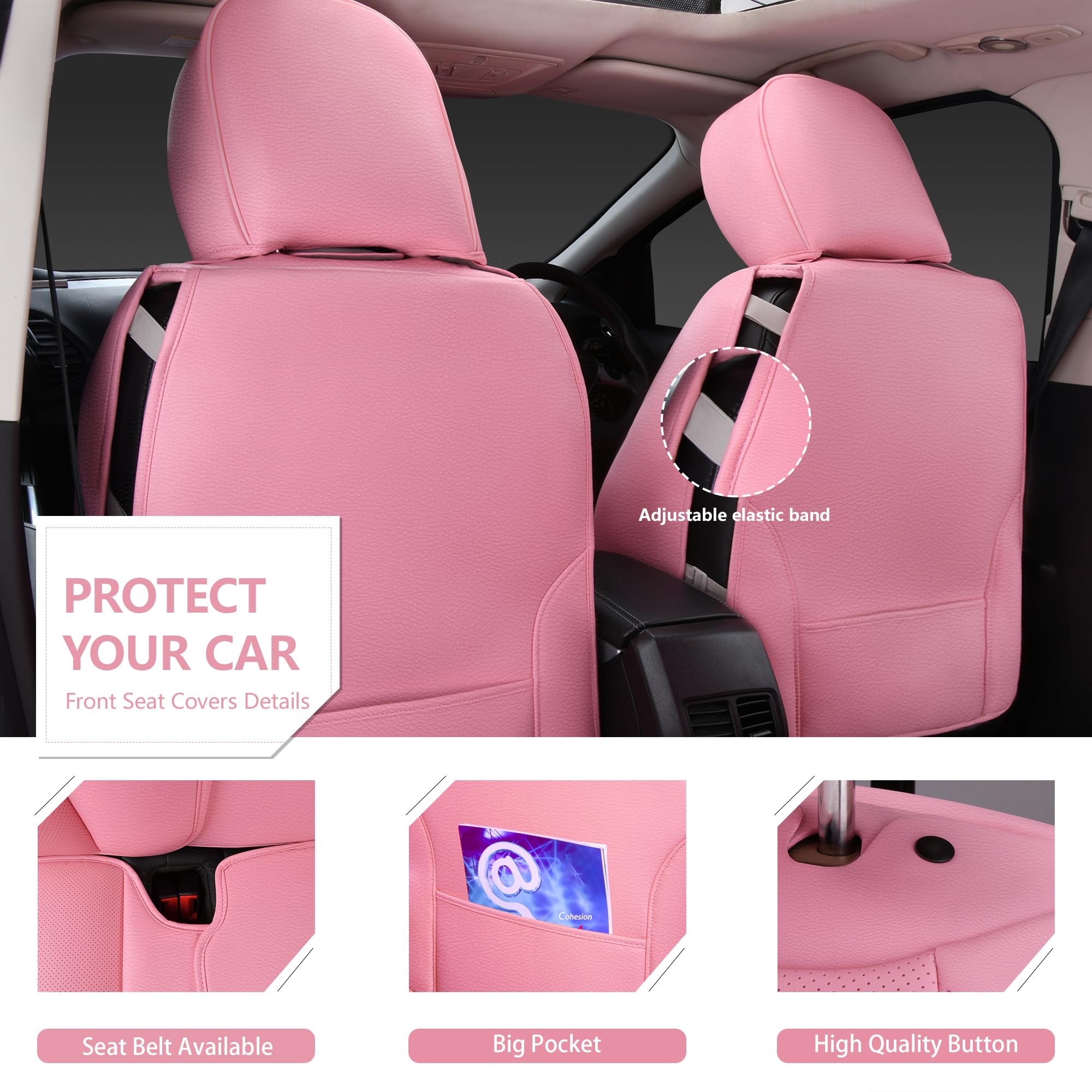 CAR PASS Nappa Pink PU Leather Car Seat Covers Full Set Cute for Women Waterproof Cushioned,Universal Fit for Sedan SUV Pick-up