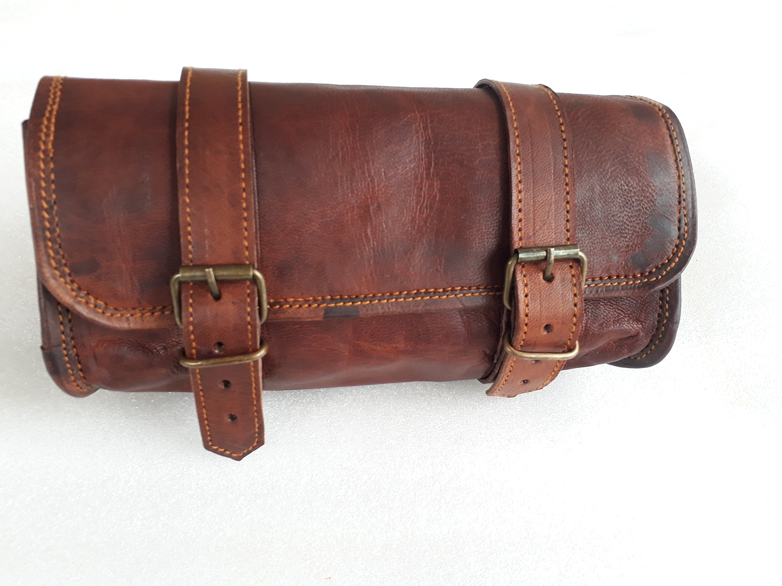 Vintage Motorcycle Genuine Goat Leather 2 Strap Buckle Closure Tool Brown Bag Quick Release Clasp Reinforced For Handlebars,Fork