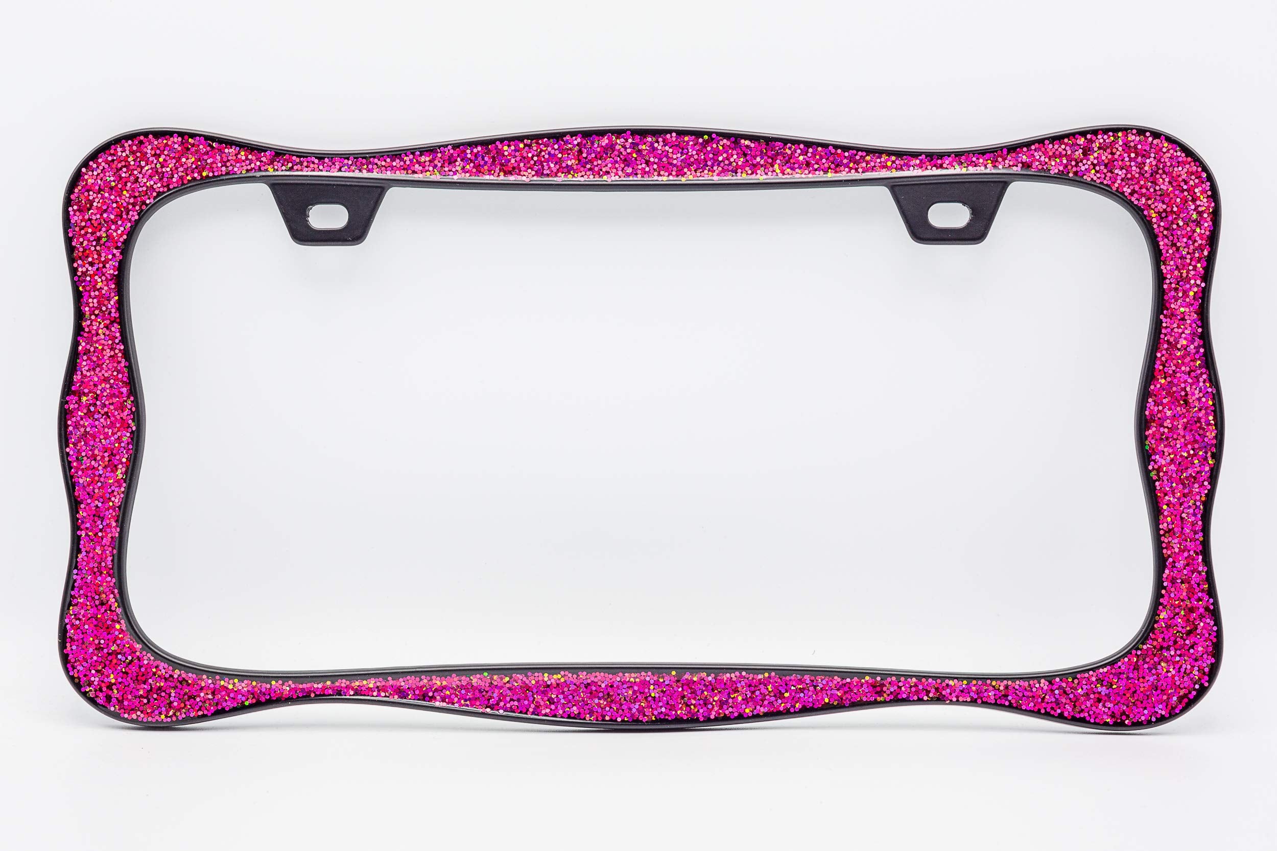 Creathome 3D Shining License Plate Frame, Black Powder Coated With Pink Chunky Gliter, Pure Zinc Alloy Metal