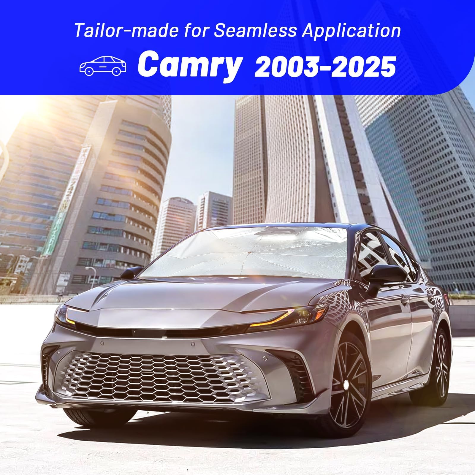 Windshield Sun Shade Custom Fit for Toyota Camry 2003-2025, Foldable Car Sunshade Umbrella for Front Windows with 360Rotating Sh