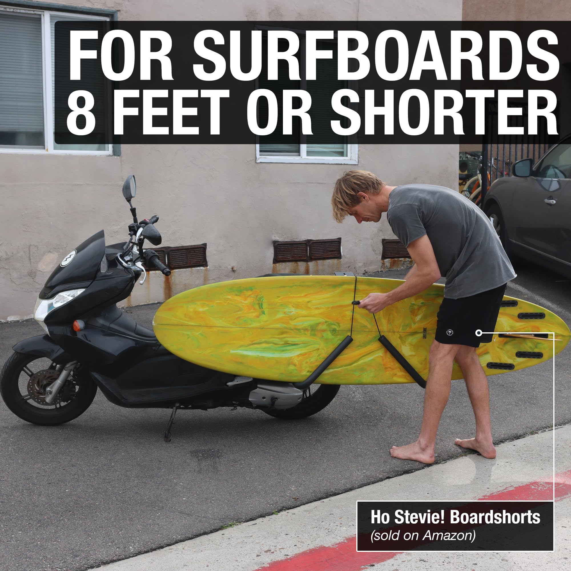 Scooter/Moped/eBike Surfboard Rack - Easy Install for Most Scooters - Less Gas, Easy Parking - for Surf Boards 8 Feet or Shorter