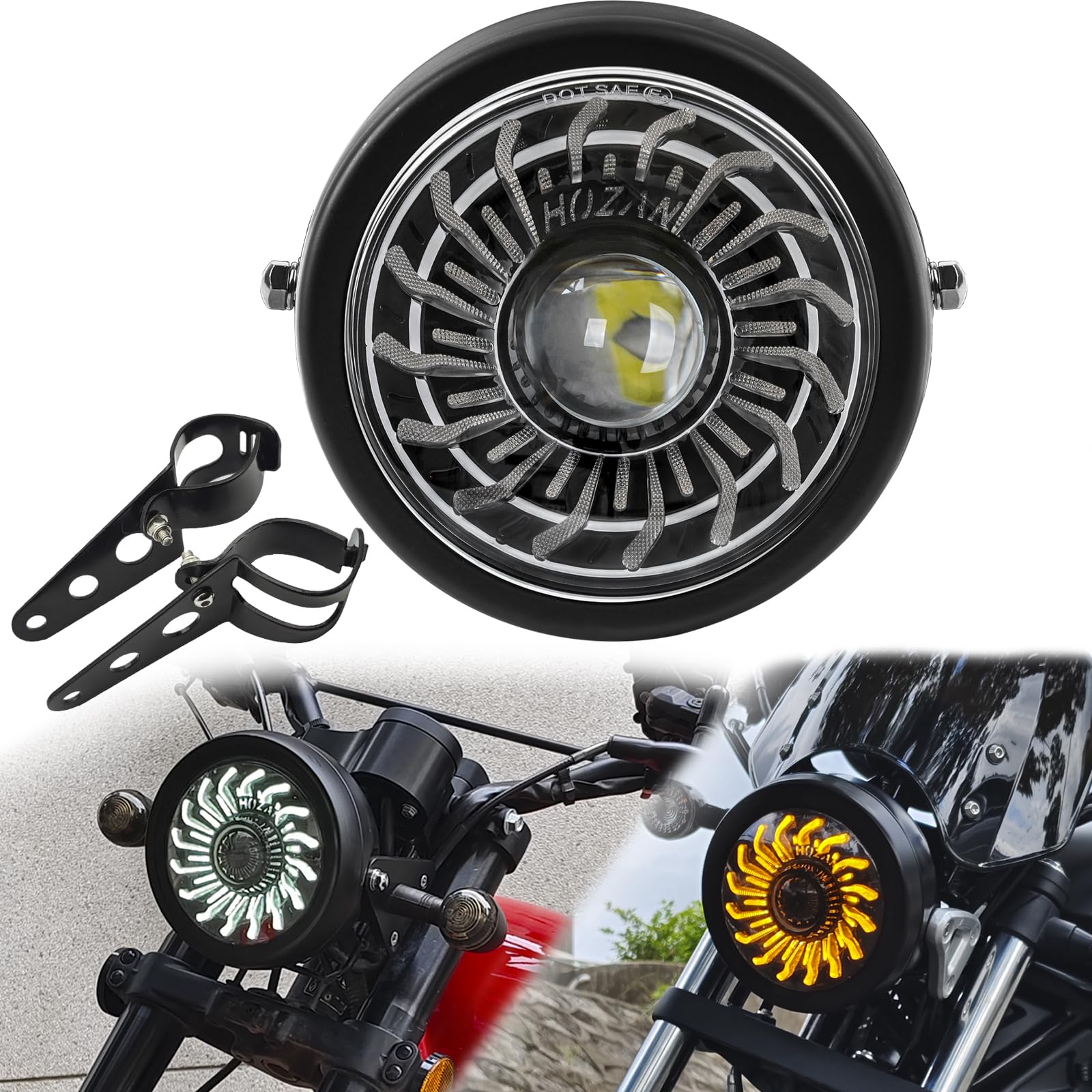 SINLIRU 5.75inch 5-3/4 Black LED Motorcycle Headlight Whirlwind White/Amber DRL Start-up Gradient Welcome Halo Head Light with M