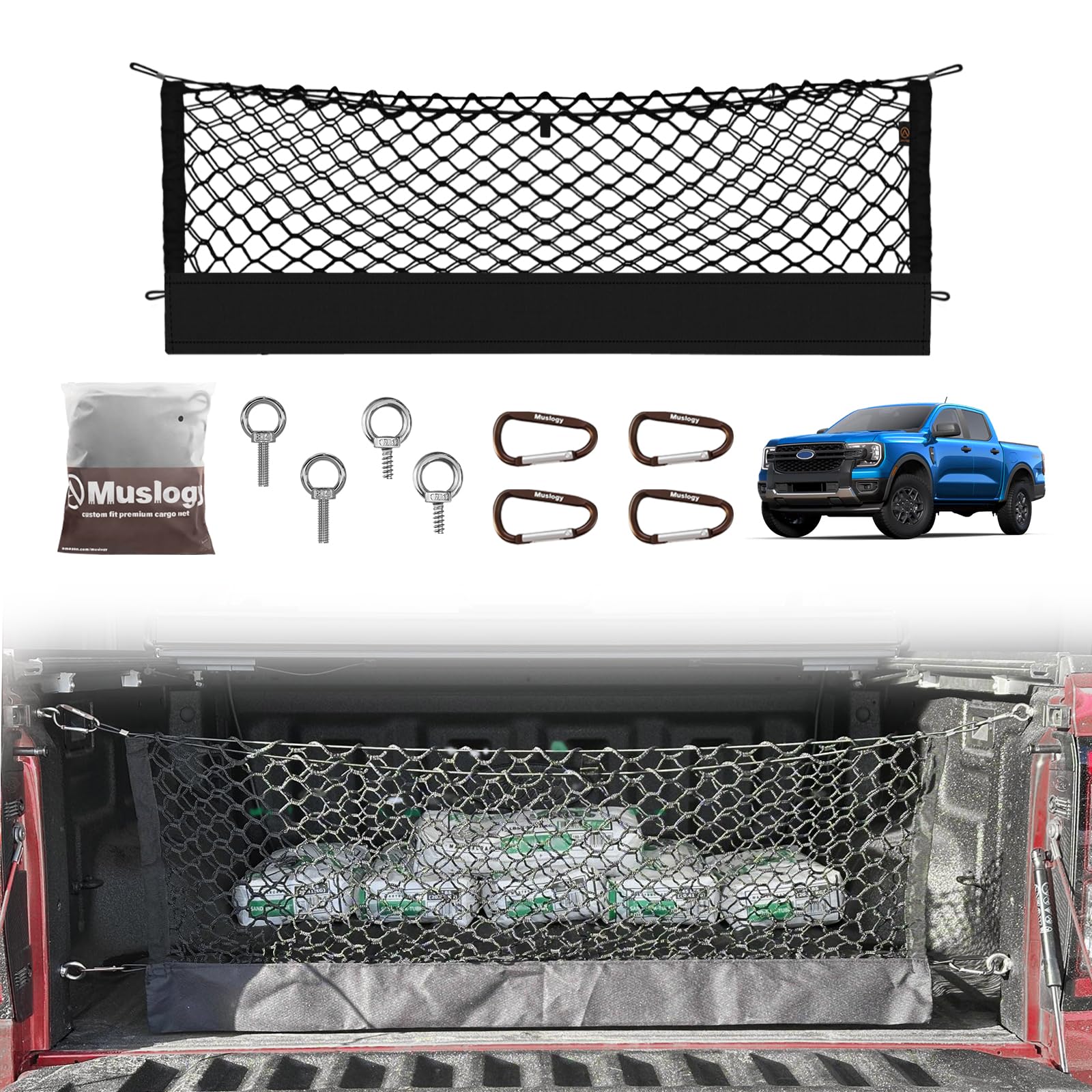 Muslogy Truck Bed Cargo Net Compatible With Ford Ranger 2024 2025 Accessories Storage Organizer Pickup Truck Bed Envelope Style