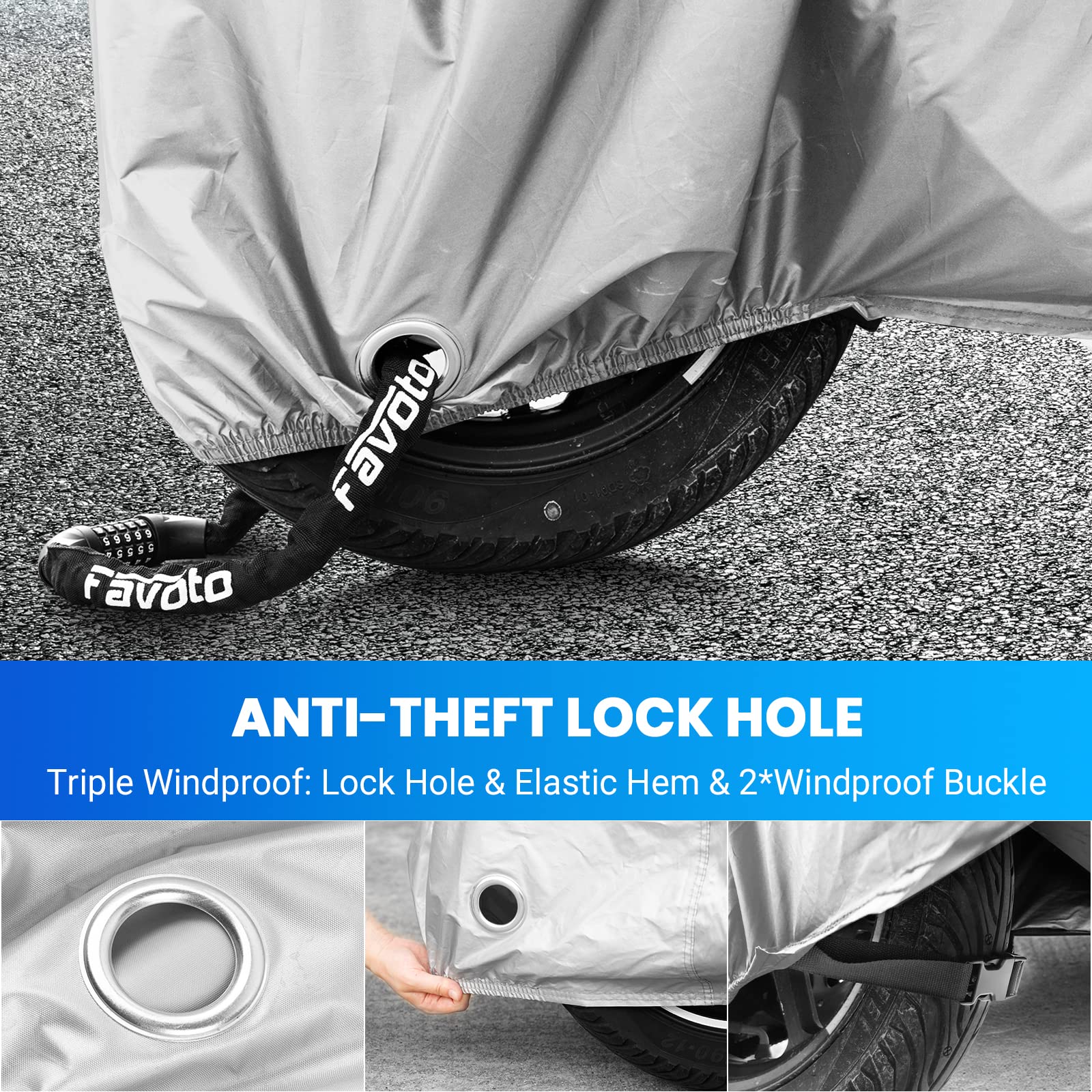 Favoto Motorcycle Cover Waterproof Outdoor - All Season Sun Protection Universal Fit Oxford Cloth With Lock-Holes Rain Snow Dust