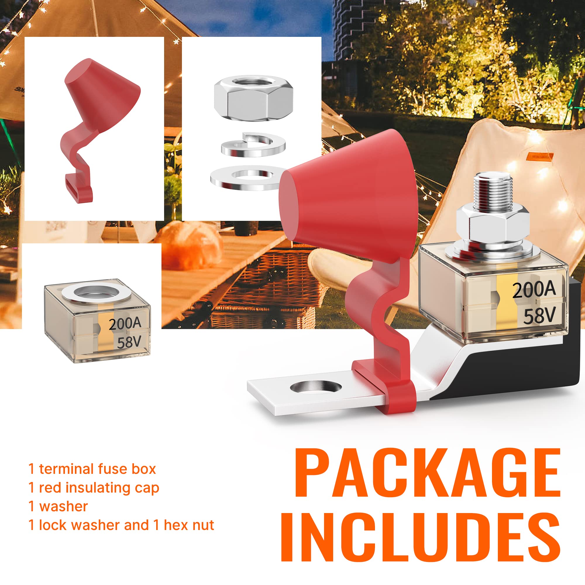 Joinfworld Battery Terminal Fuse Block Kit 200A 58V Mrbf Terminal Fuse Block With Single Stud 5/16''(M8) Marine Rated Battery Fu