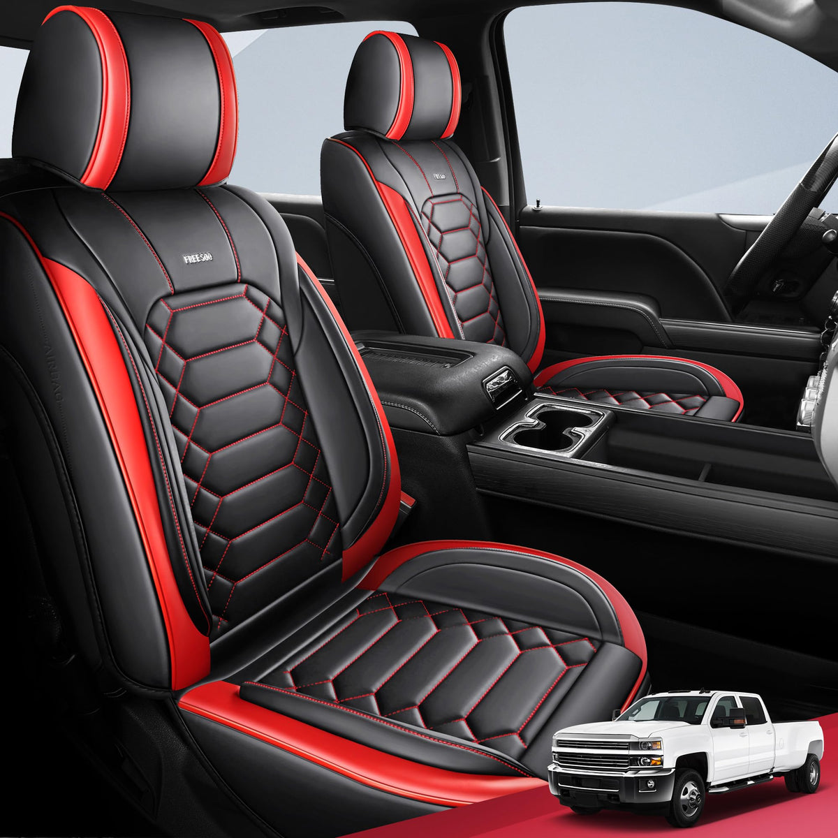 FREESOO Silverado 2014-2018 Leather Full Set Seat Covers, Fit for Chevy Silverado GMC Sierra 1500 2500 3500 Crew Cab Waterproof 
