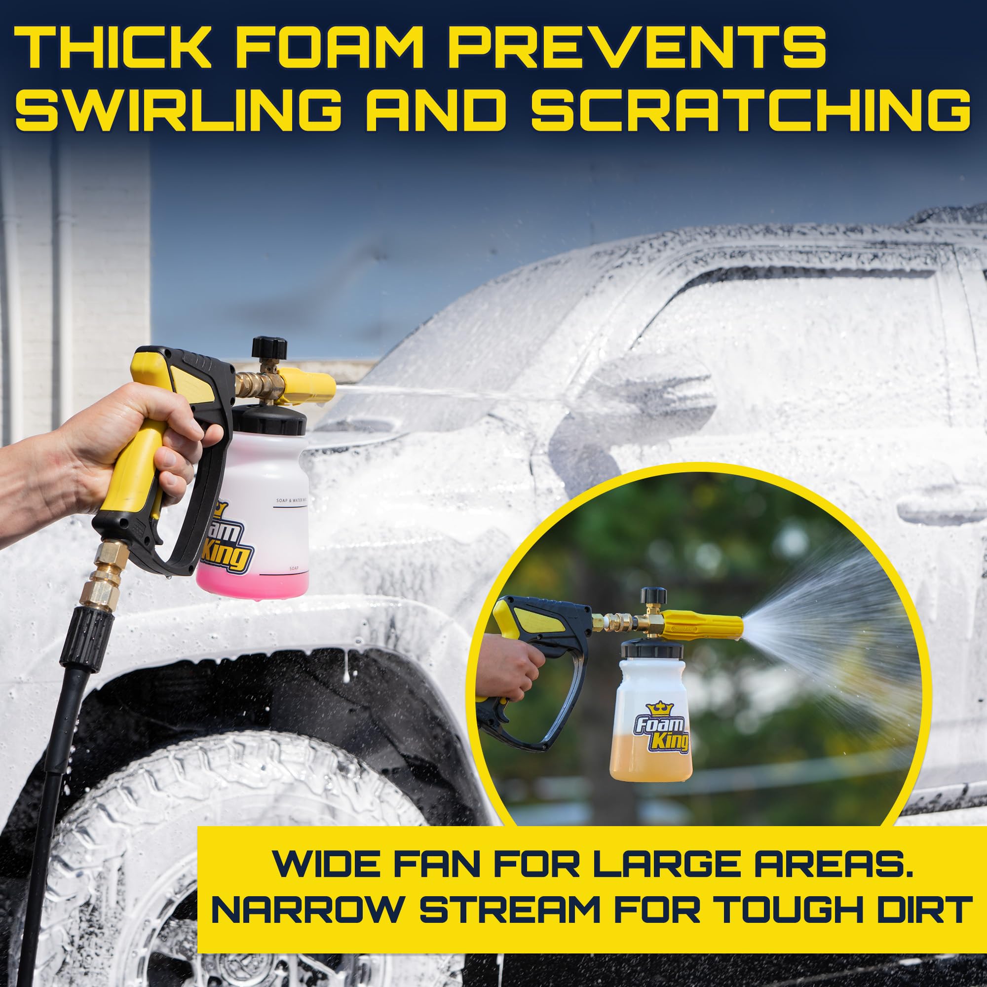 Foam King™ Foam Cannon Sprayer - Car Wash Cleaning For Gas & Electric Pressure Washers - Wide Neck, Wide Base, Heavy Duty - Professional Car Detailing Snow Foam Blaster
